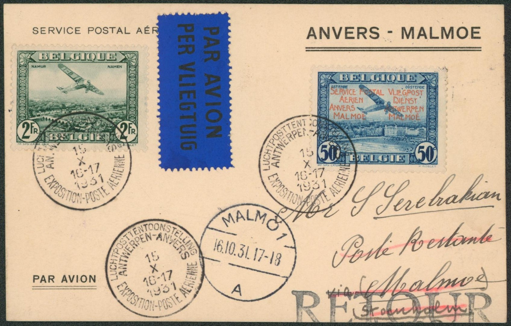 PR33 + PA3 sur carte imprimée par avion de Antwerpen-Anvers / Exposition-poste aérienne (16/X/31) > Poste restante à Malmö (suède) + griffe RETOUR.