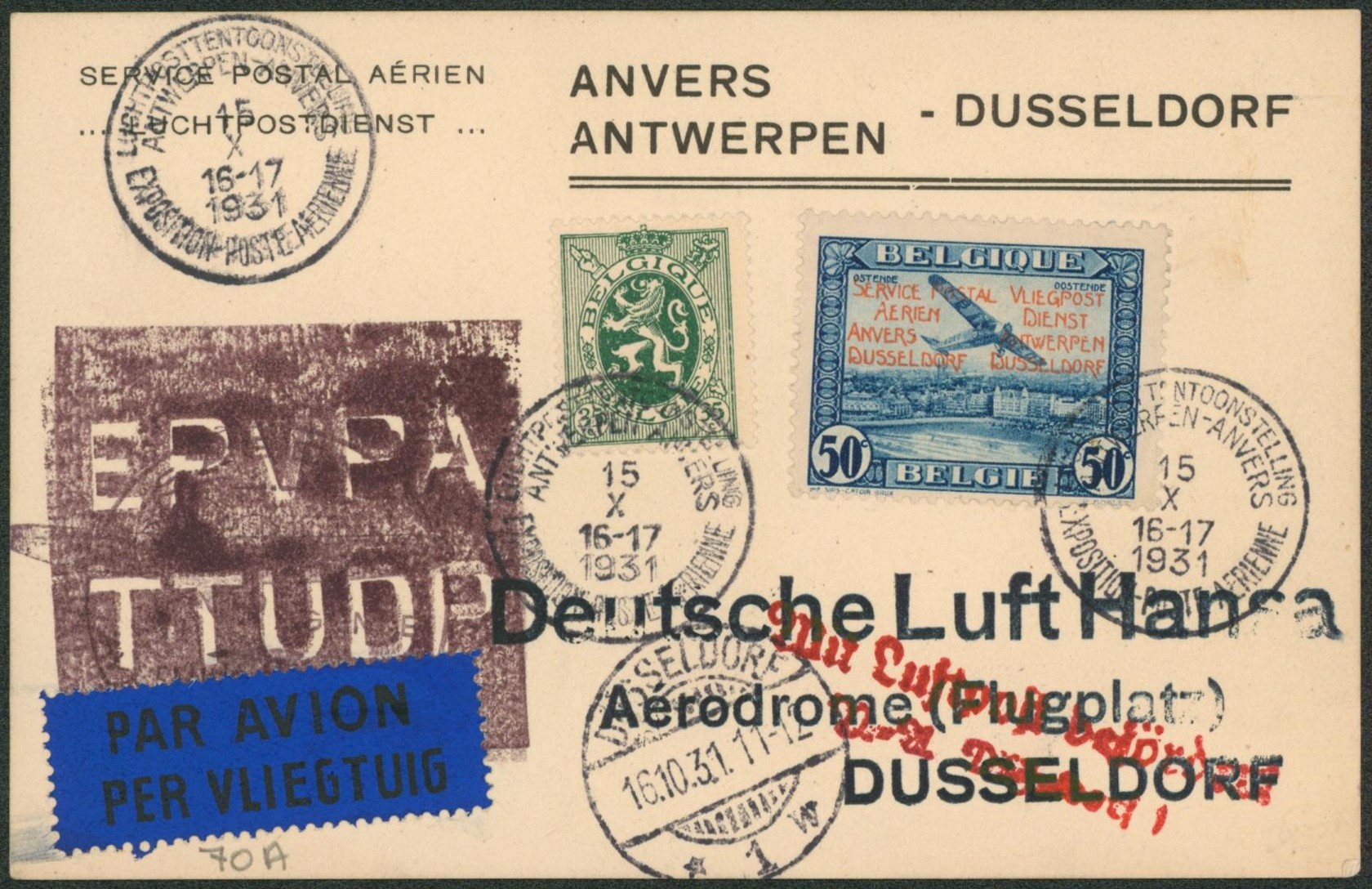PR34 + n°283 sur carte imprimée par avion de Antwerpen-Anvers / Exposition-poste aérienne (16/X/31) > Dusseldorf / Sans texte, cachet de l'exposition + griffe allemande rouge 
