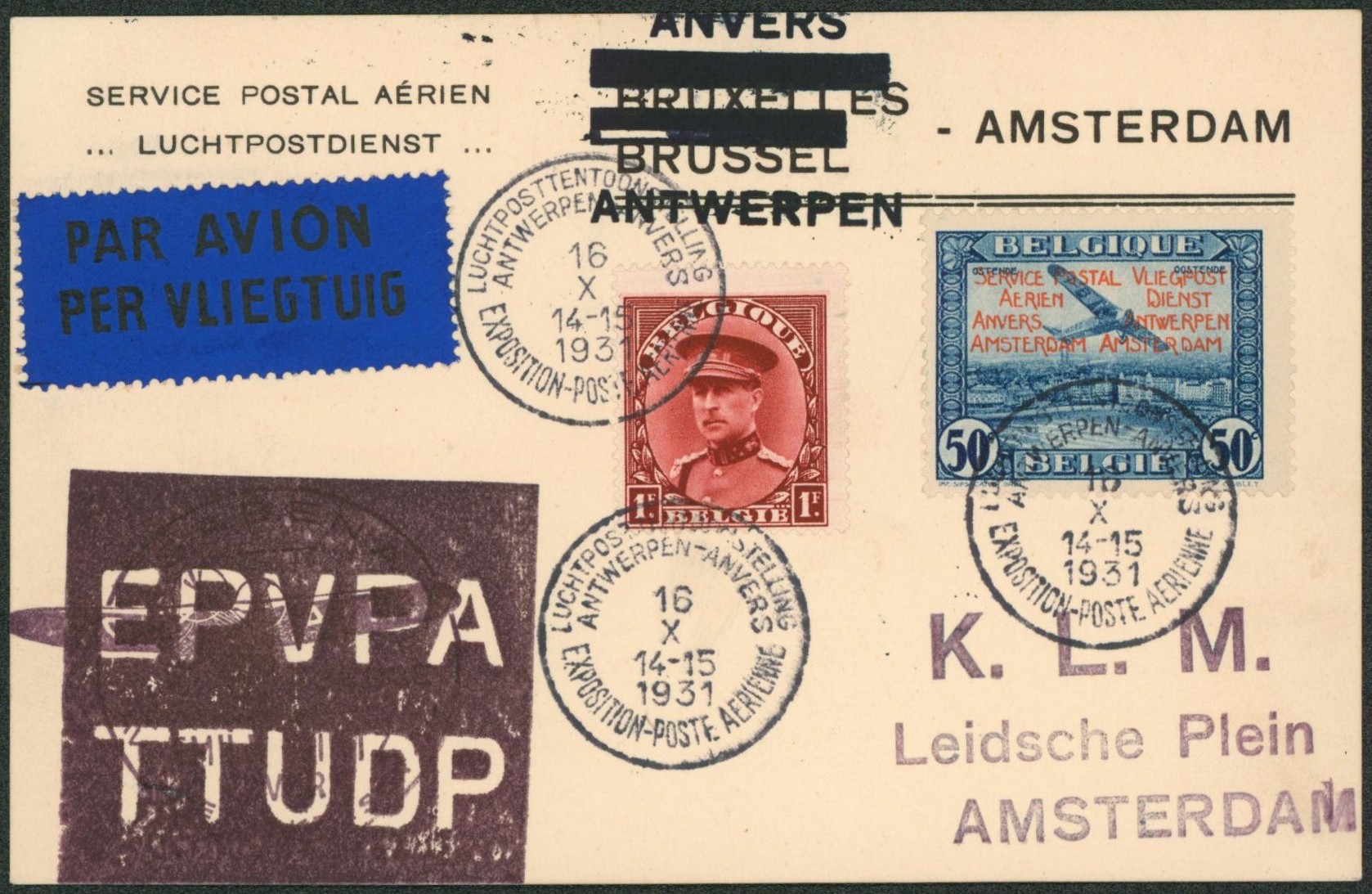 PR32 + n°317 sur carte imprimée par avion de Antwerpen-Anvers / Exposition-poste aérienne (16/X/31) > Amsterdam via K.L.M. / Sans texte, cachet de l'exposition