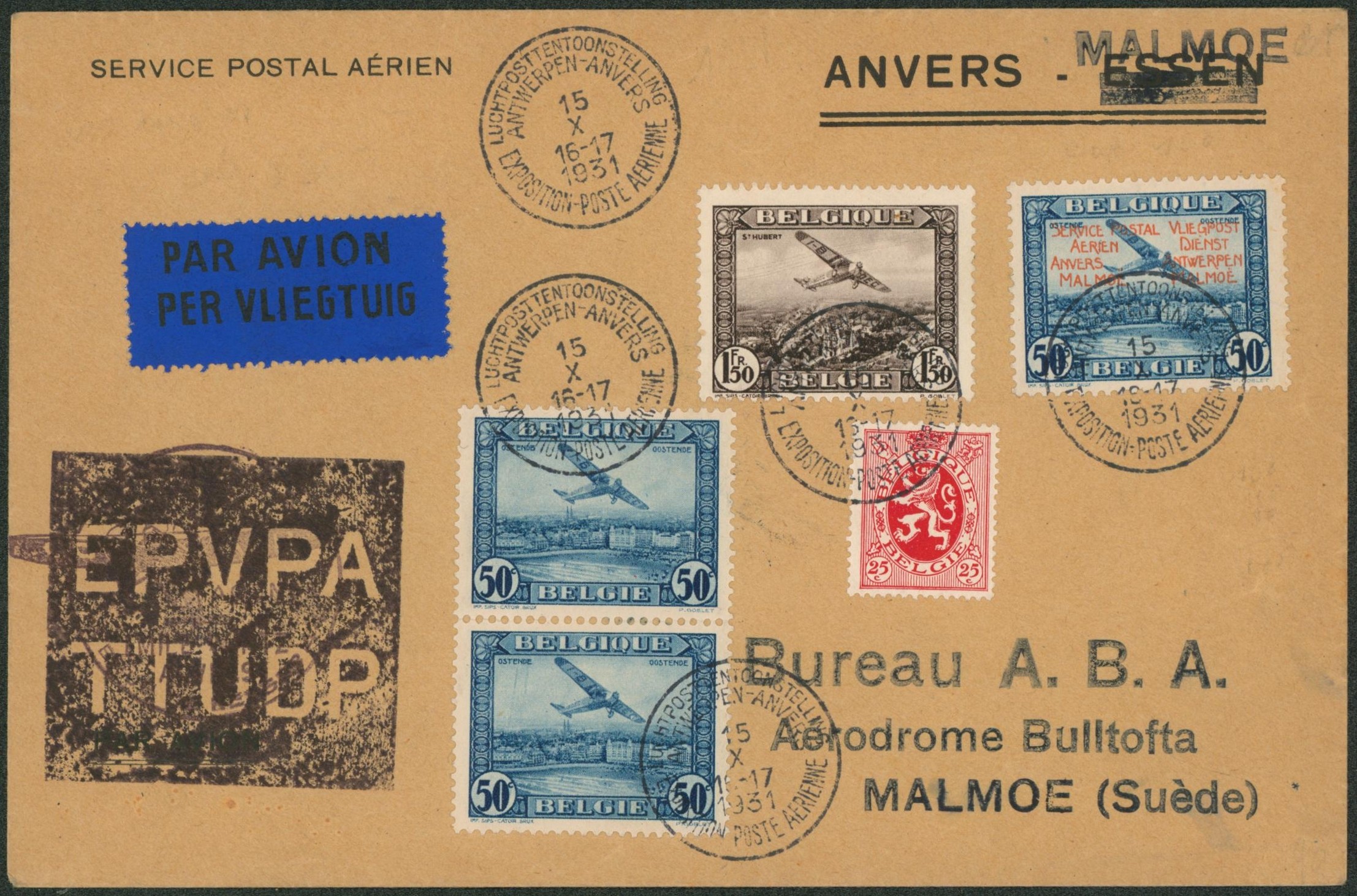 PR33 + PA1 x2, PA2 et n°282 sur lettre par avion de Antwerpen-Anvers / Exposition-poste aérienne (15/X/31) > Malmoe (suède) / cachet de l'exposition