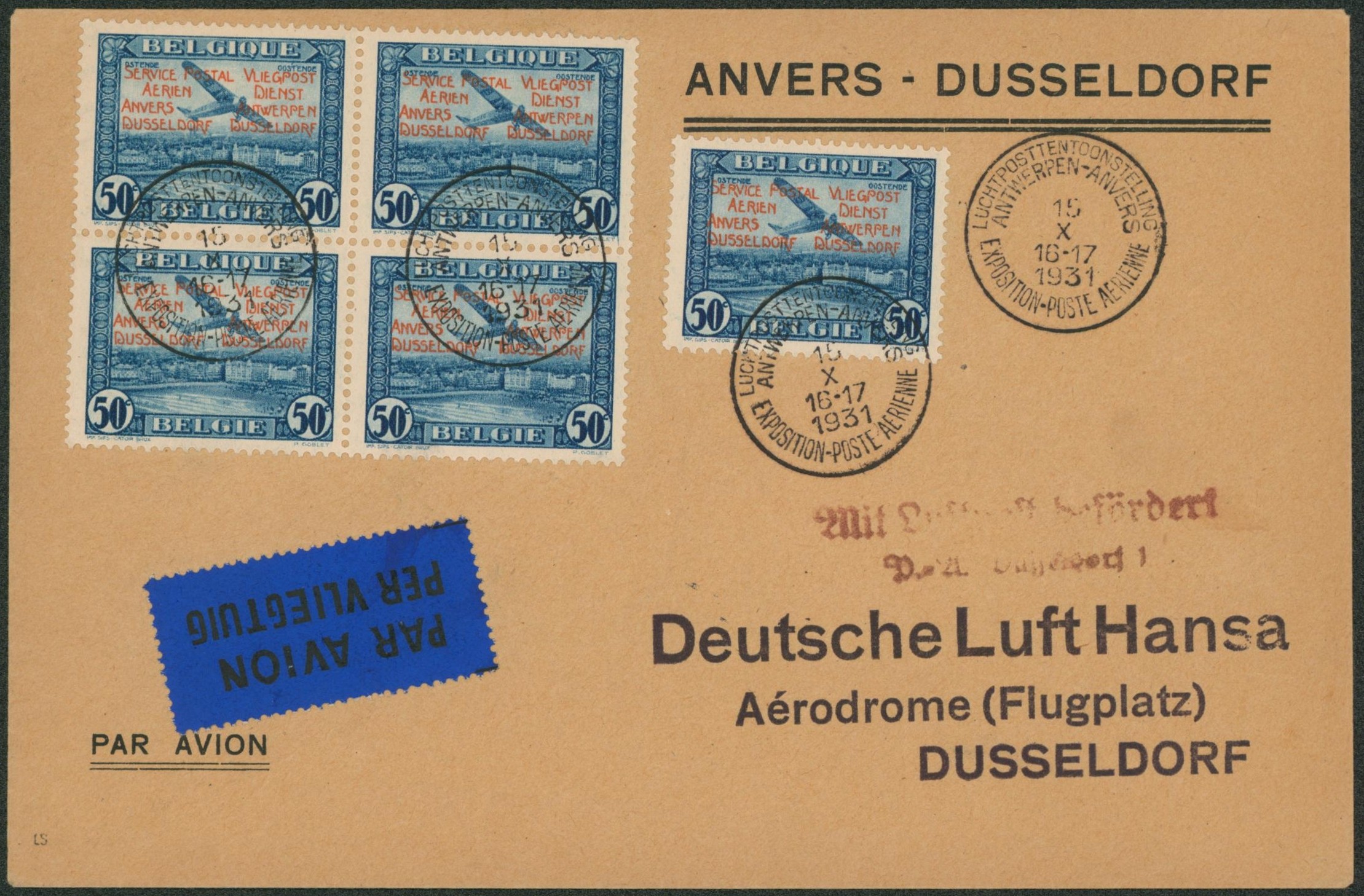 PR34 en bloc de 4 + 1 sur lettre par avion de Antwerpen-Anvers / Exposition-poste aérienne (15/X/31) > Dusseldorf / cachet de l'exposition