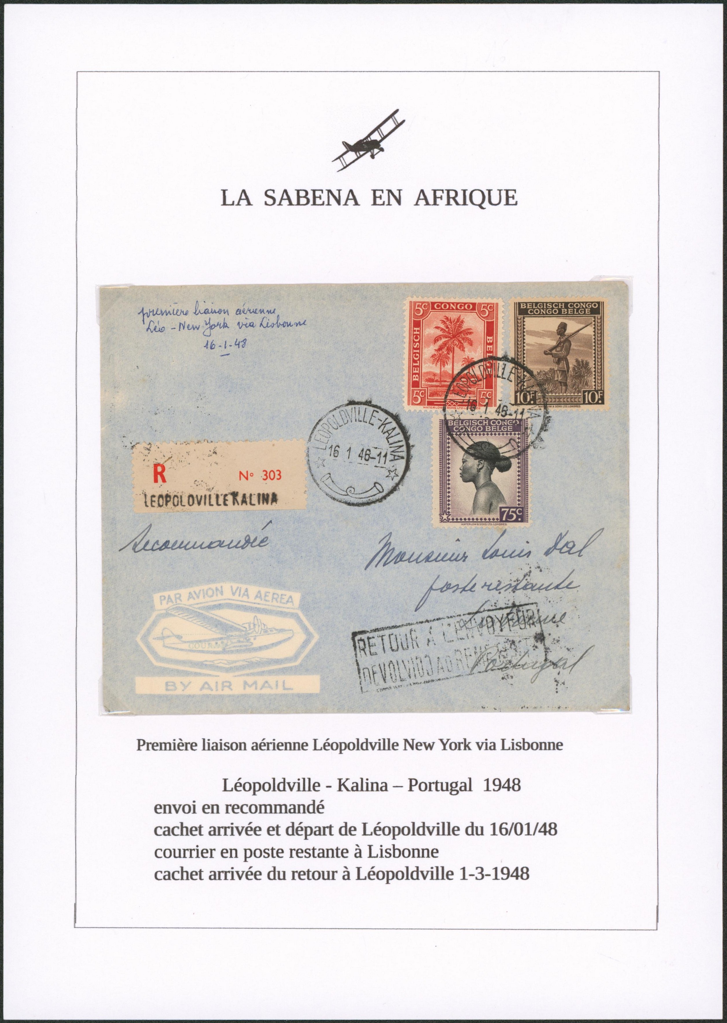 Congo Belge - Affranch. Tricolore sur lettre par avion en recommandé de Léopoldville-Kalina > Poste restante à Lisbonne (Portugal) + griffe bilingue encadrée "retour à l'envoyeur". TB "