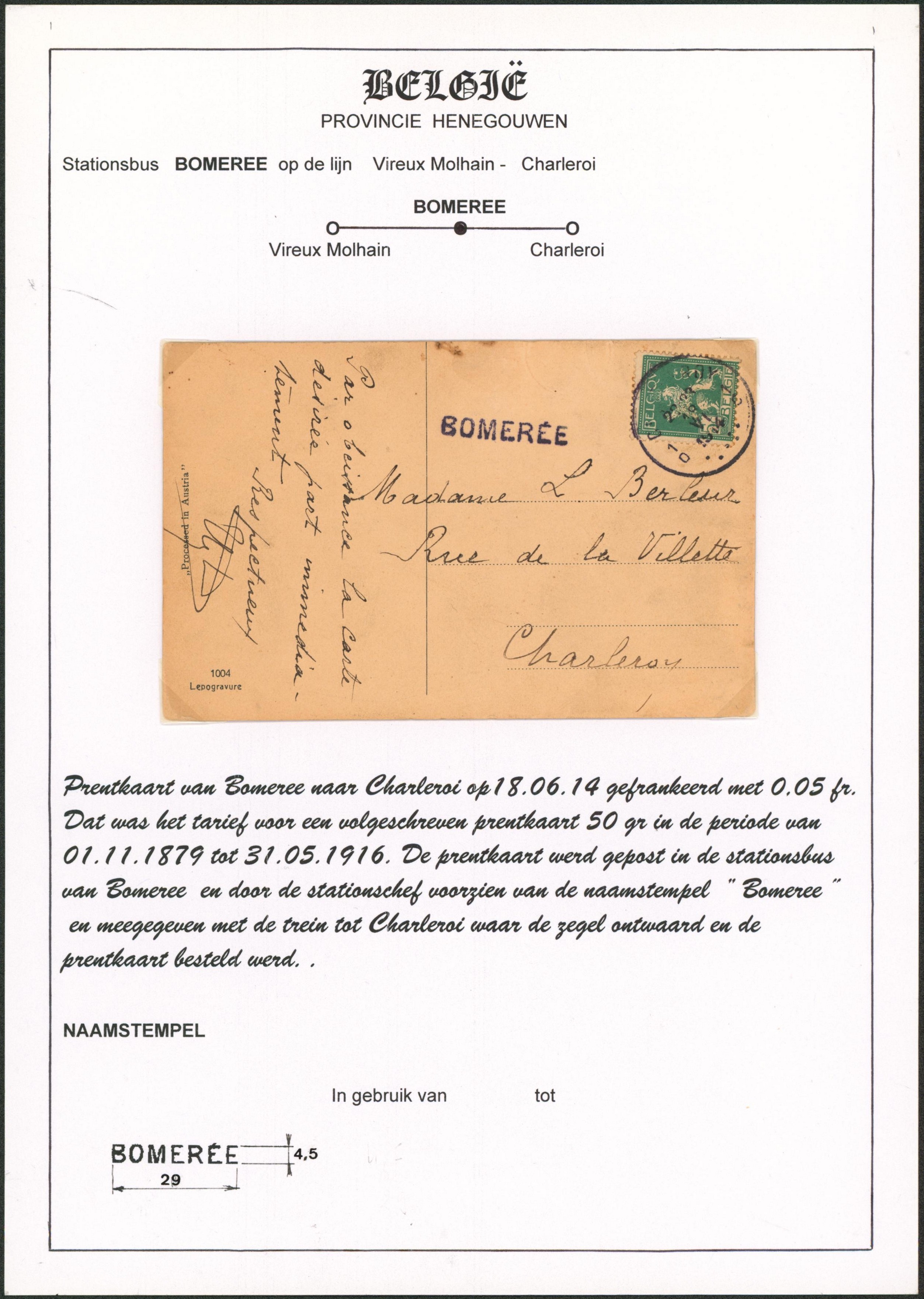 Page de collection - n°110 sur CP expédié de Charleroi + griffe à l'origine BOMEREE > Charleroi