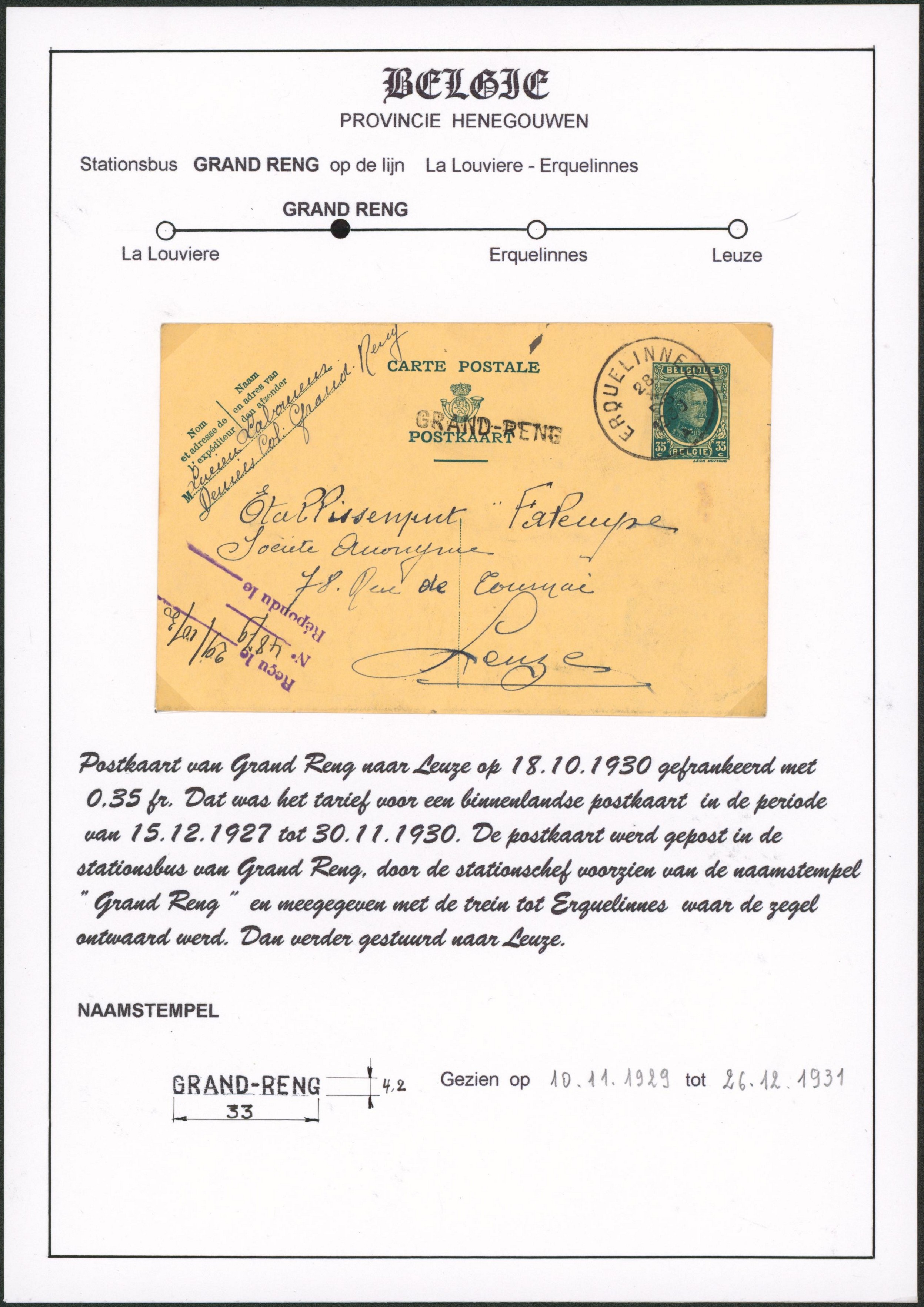 Page de collection - EP au type 35ctm vert Houyoux expédié de Erquelinnes + griffe à l'origine GRAND-RENG > Leuze