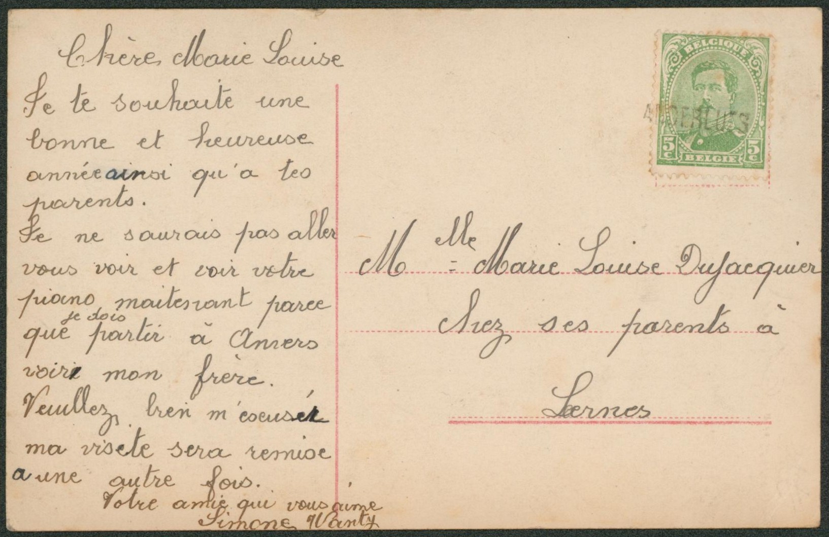 n°137 sur CP annulé par griffe de fortune ANDERLUES > Leernes