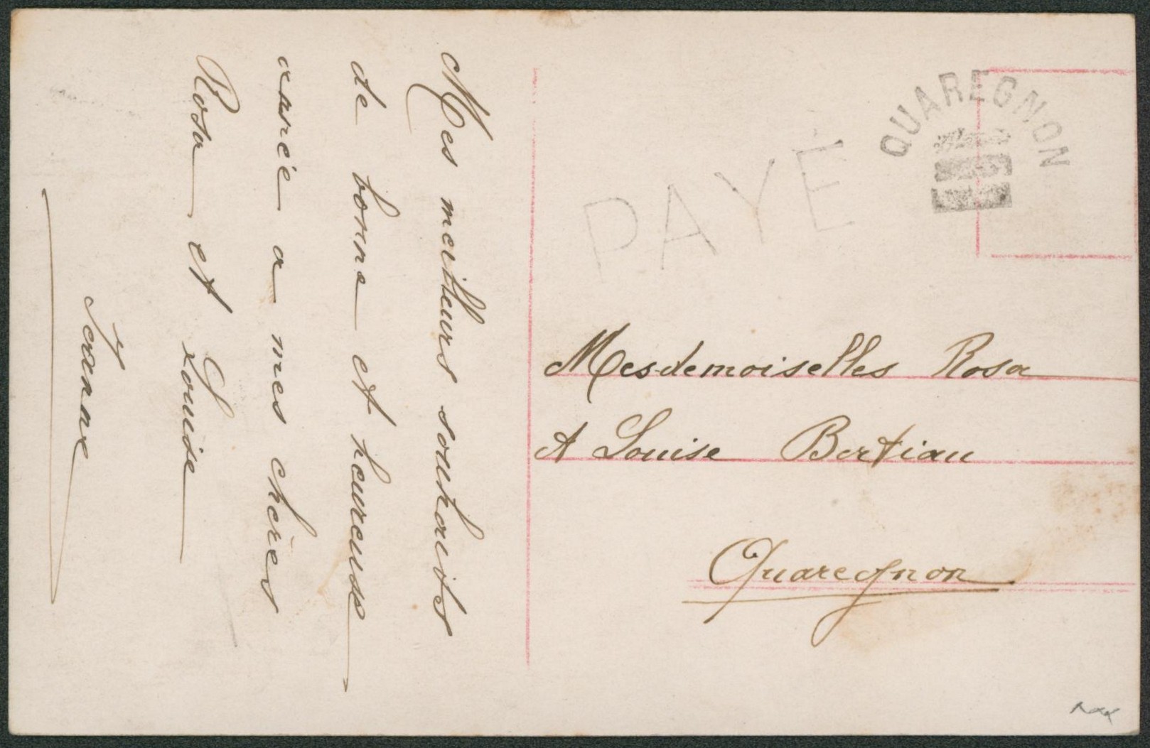 CP non affranchie + cachet de fortune type électoral QUAREGNON et griffe PAYE > Quaregnon. 