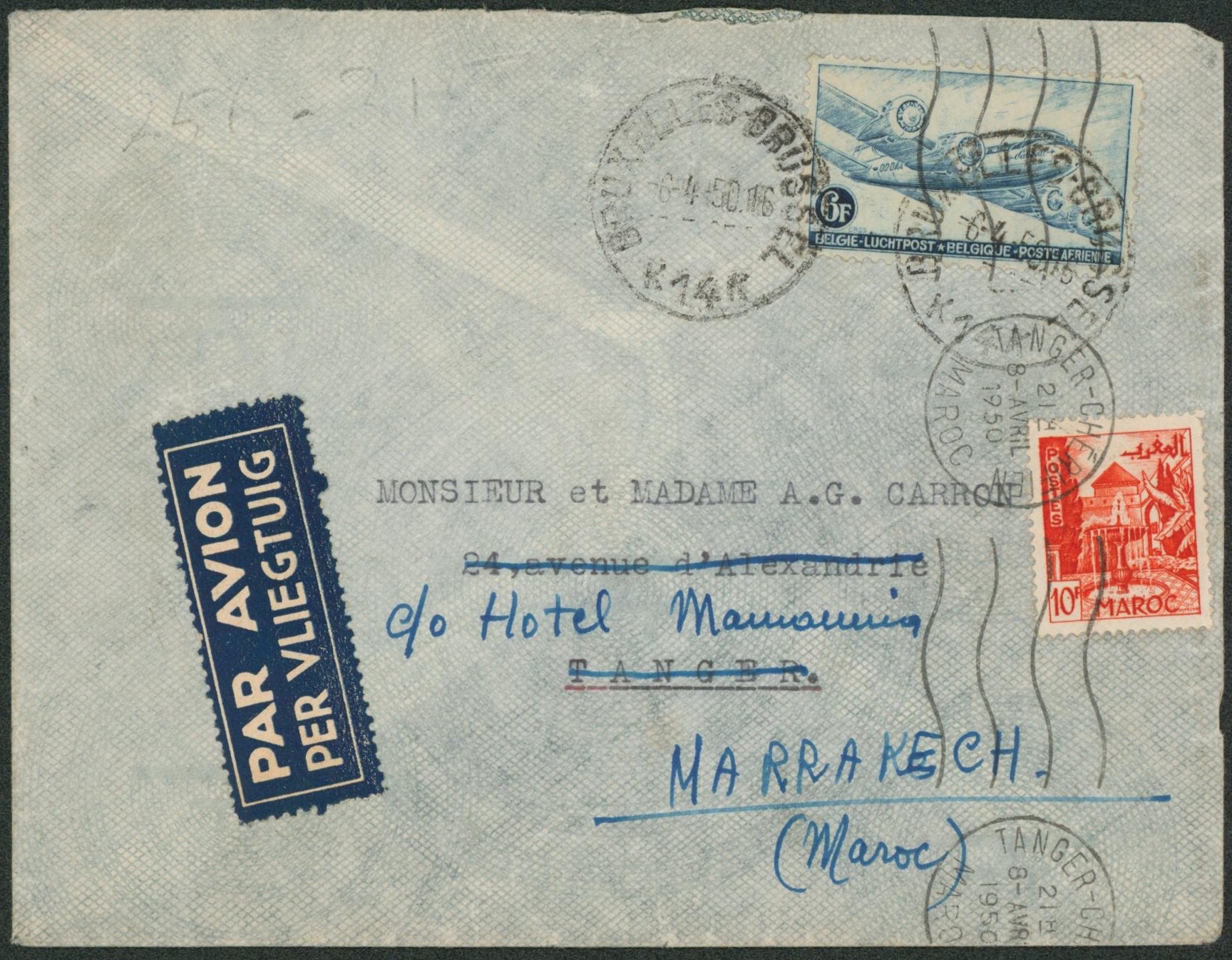 PA8 sur lettre expédié par avion de Bruxelles > Tanger (Maroc) + Réexpédié par 10ctm de Tanger > Marrakech. Superbe. 
