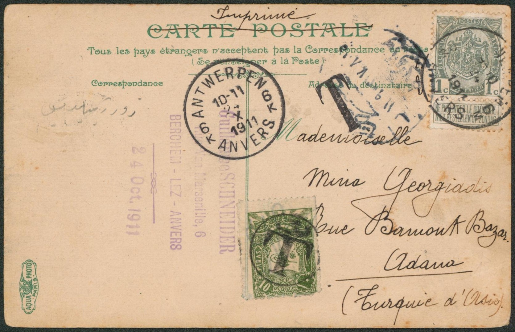 n°81 et 82 x2 sur CP expédié de Antwerpen / Anvers au tarif imprimé > Adana (turquie d'asie), timbre taxe turc annulé. 