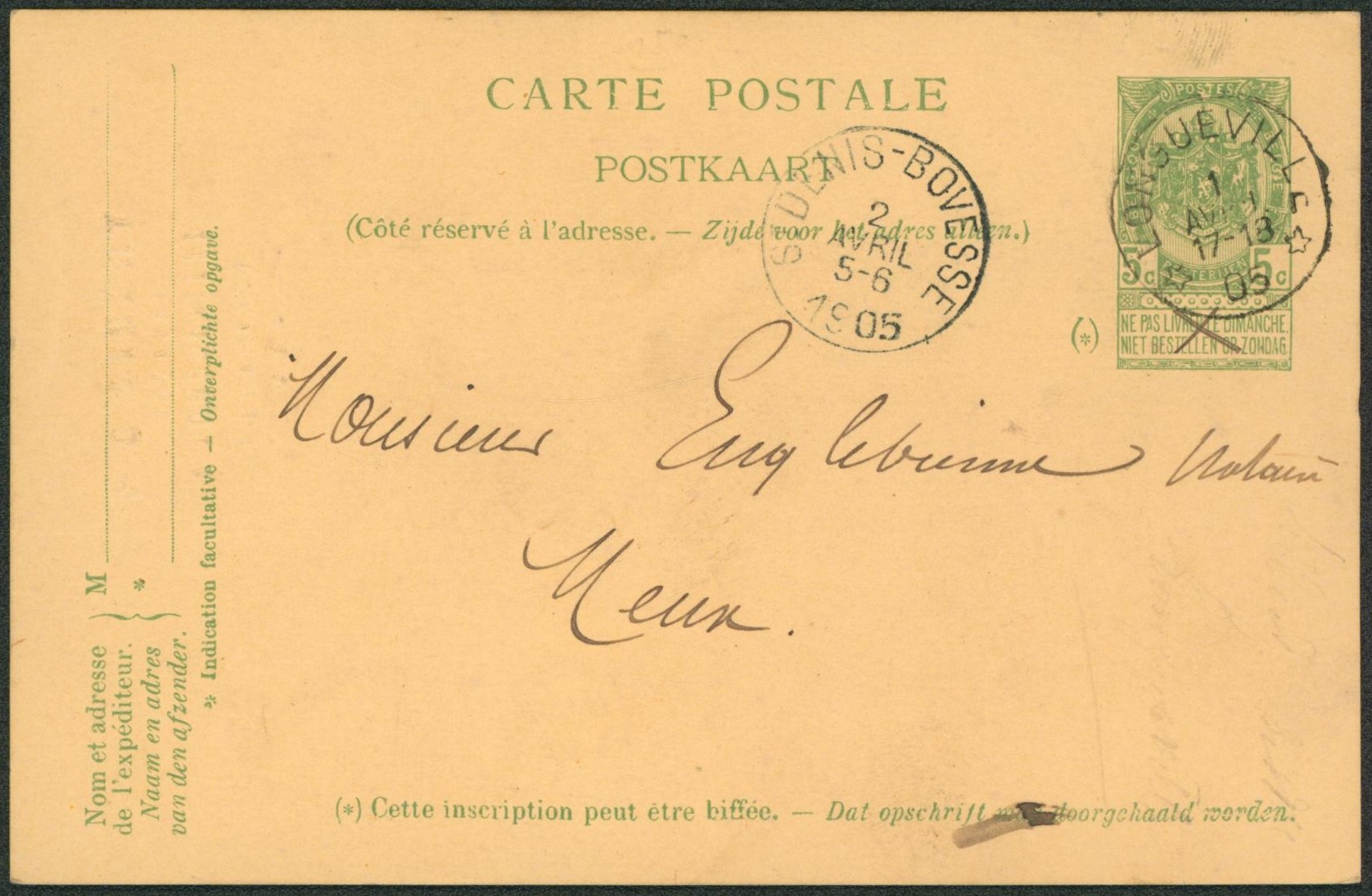 EP au type 5ctm vert obl relais "Longueville" > Meux çàd arrivée St-Denis-Bovesse. "