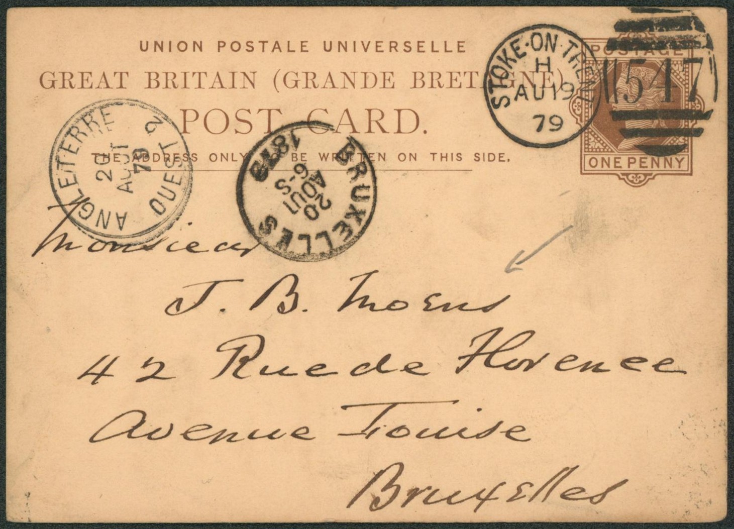Négociant de timbres - Entier au type CP anglaise 1p de Stoke-on-Trenz > J.B. Moens à Bruxelles + passage "Angleterre / Ouest 2""