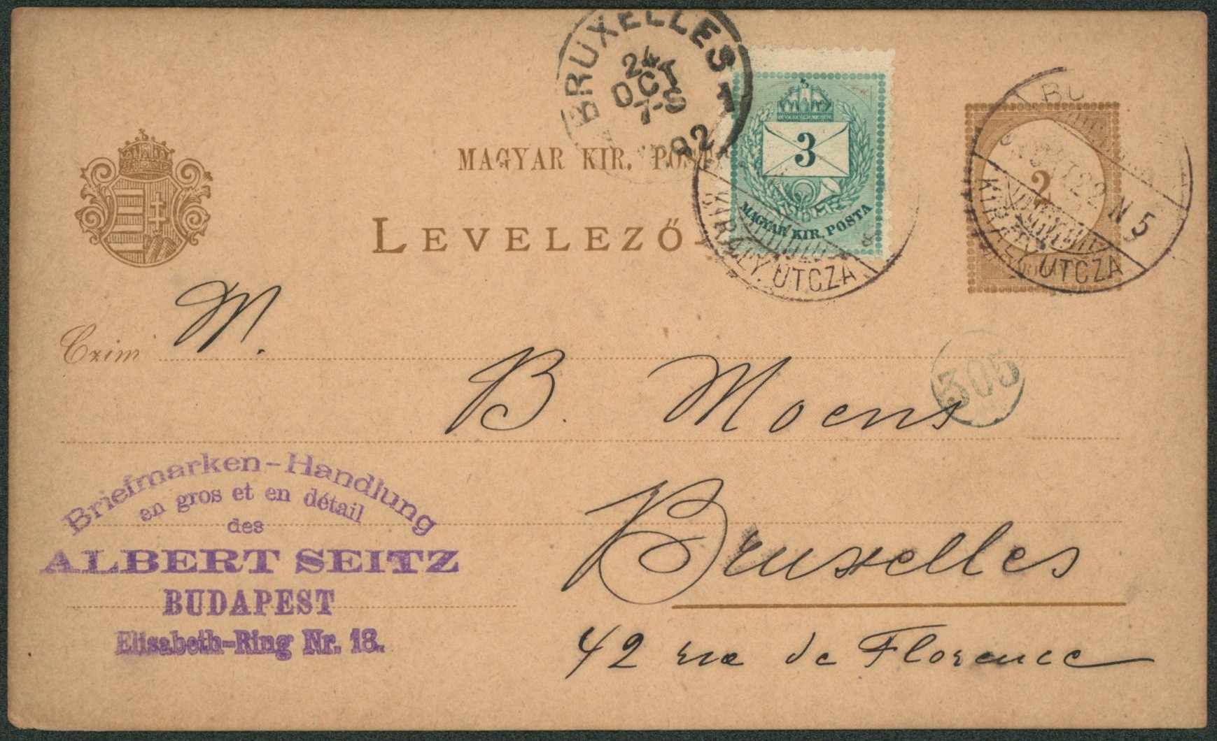 Négociant de timbres - Entier au type CP de Hongie (Albert Seitz, briefmarken handlung) çàd Budapest > J.B. Moens à Bruxelles