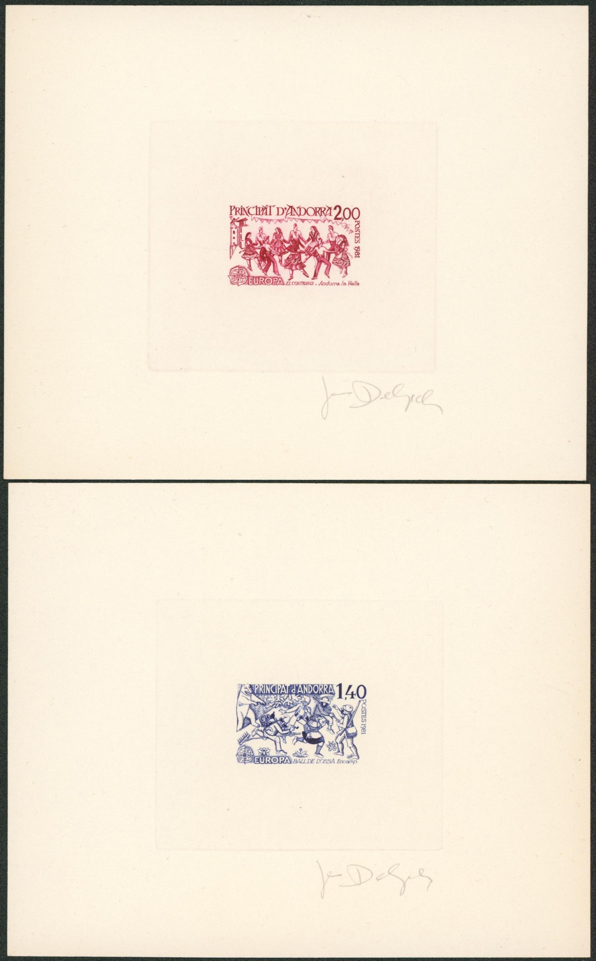 Andorre français - n°292/3 épreuve d'artiste signée en couleur (10 ex). Rarissime ! Europa 1981