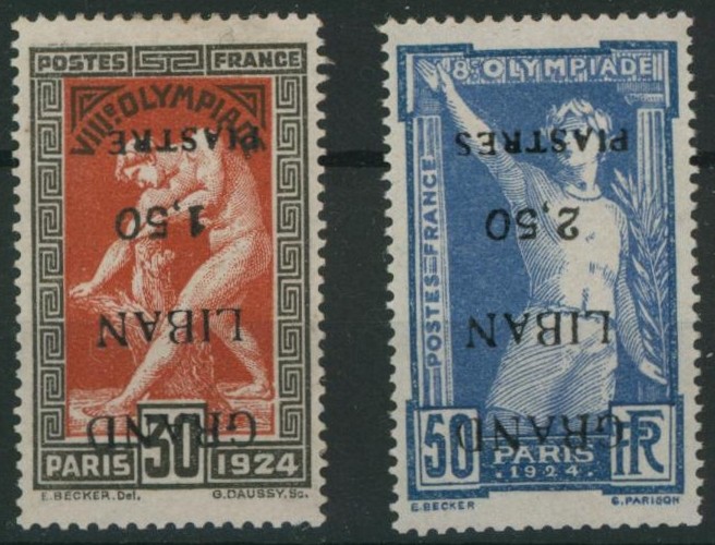 Grand Liban - n°21a et 21b* neuf charniéré + fausses surcharges, pour étude ! Pas commun / Jeux olympiques. 