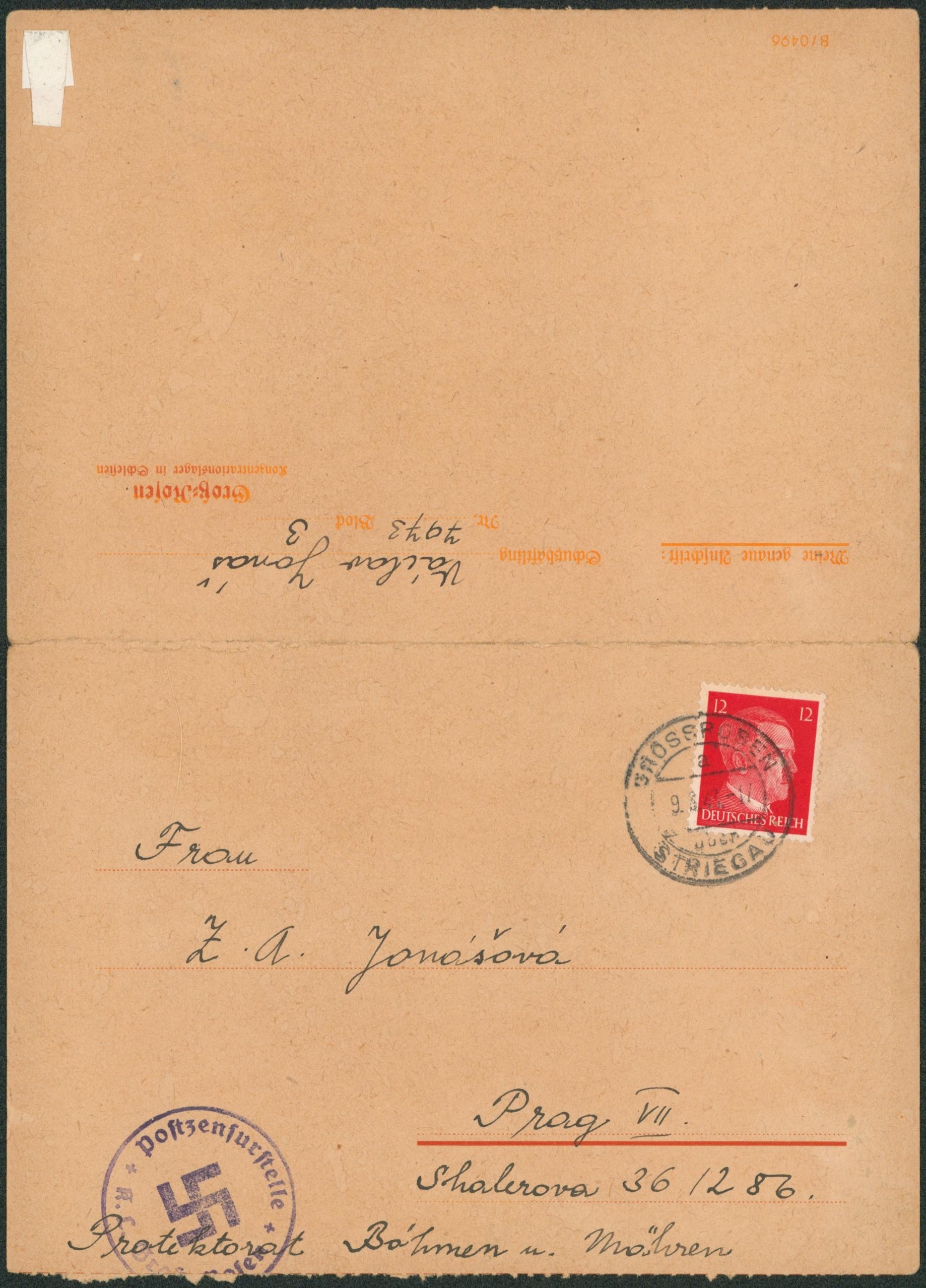 Allemagne - 12 PF rouge sur carte du camp de concentration GROSS-ROSEN avec texte et censure > Prag / WWII 