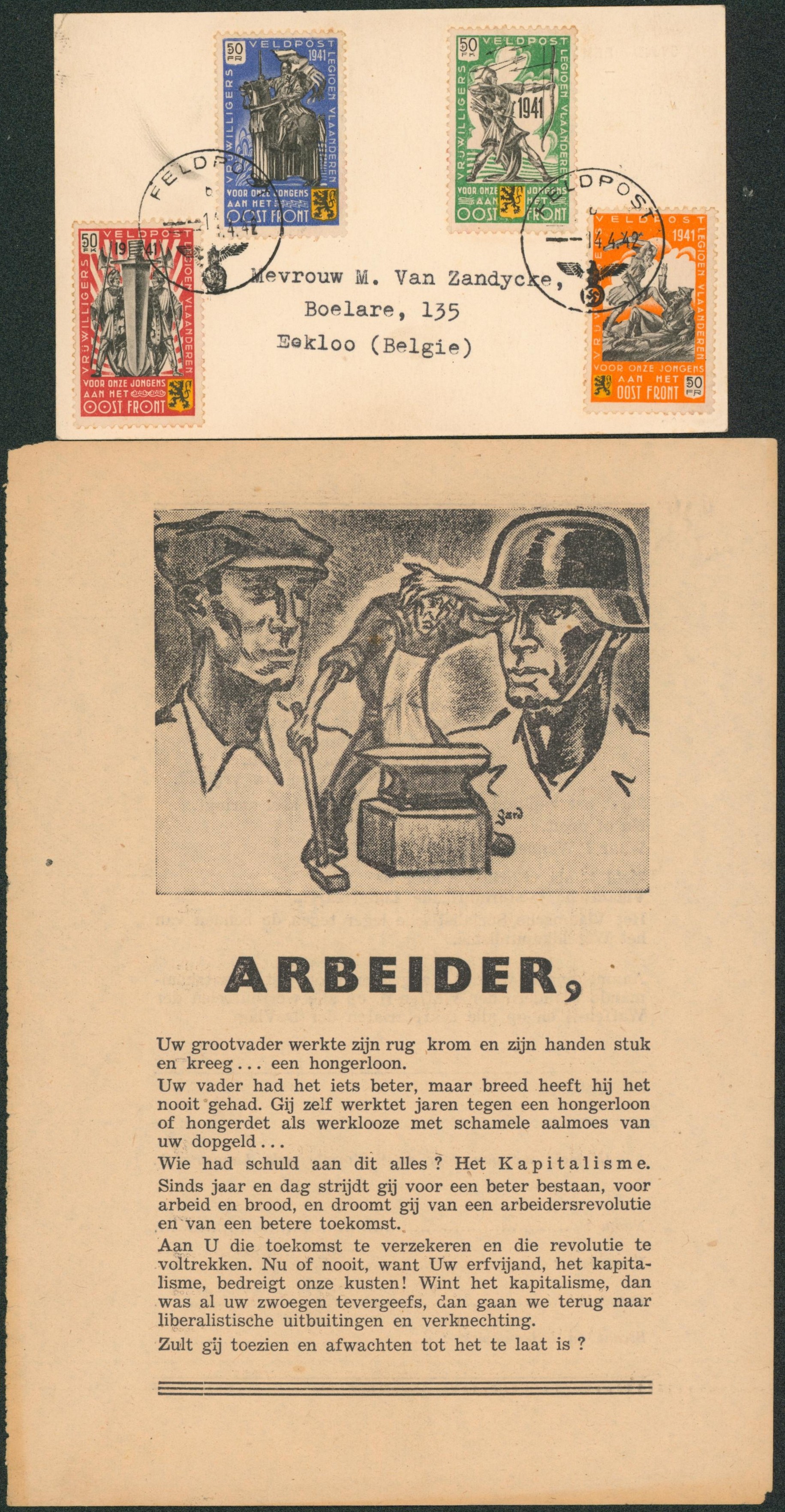 E22/25 sur lettre + cachet feldpost > eekloo + feuillet de propagande. TB ensemble ! 