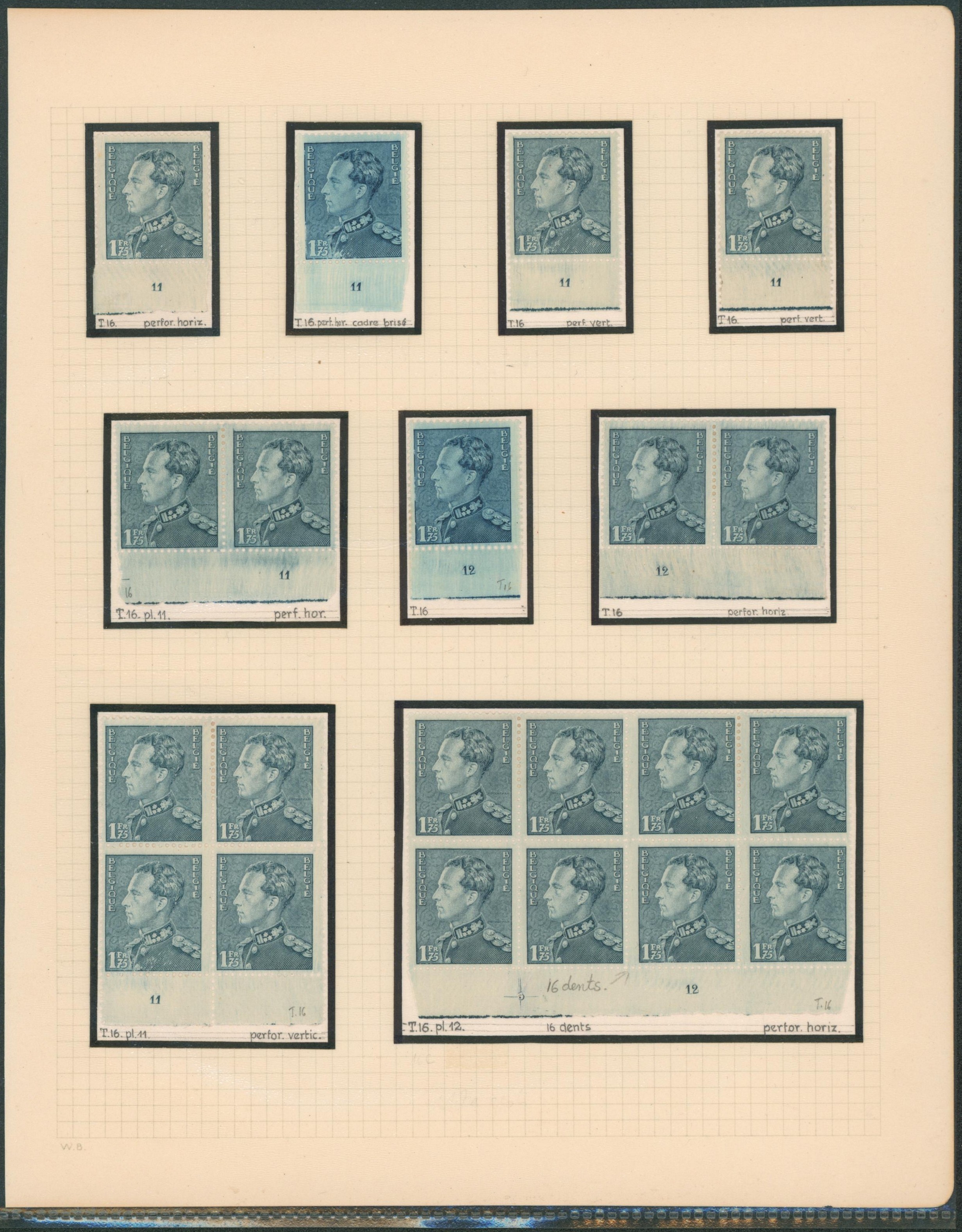 Page d'étude - Poortman n°430. Tirage 16, ensemble de 9 timbres dont paire et bloc avec n° de planche (11 / 12) + particularité. 