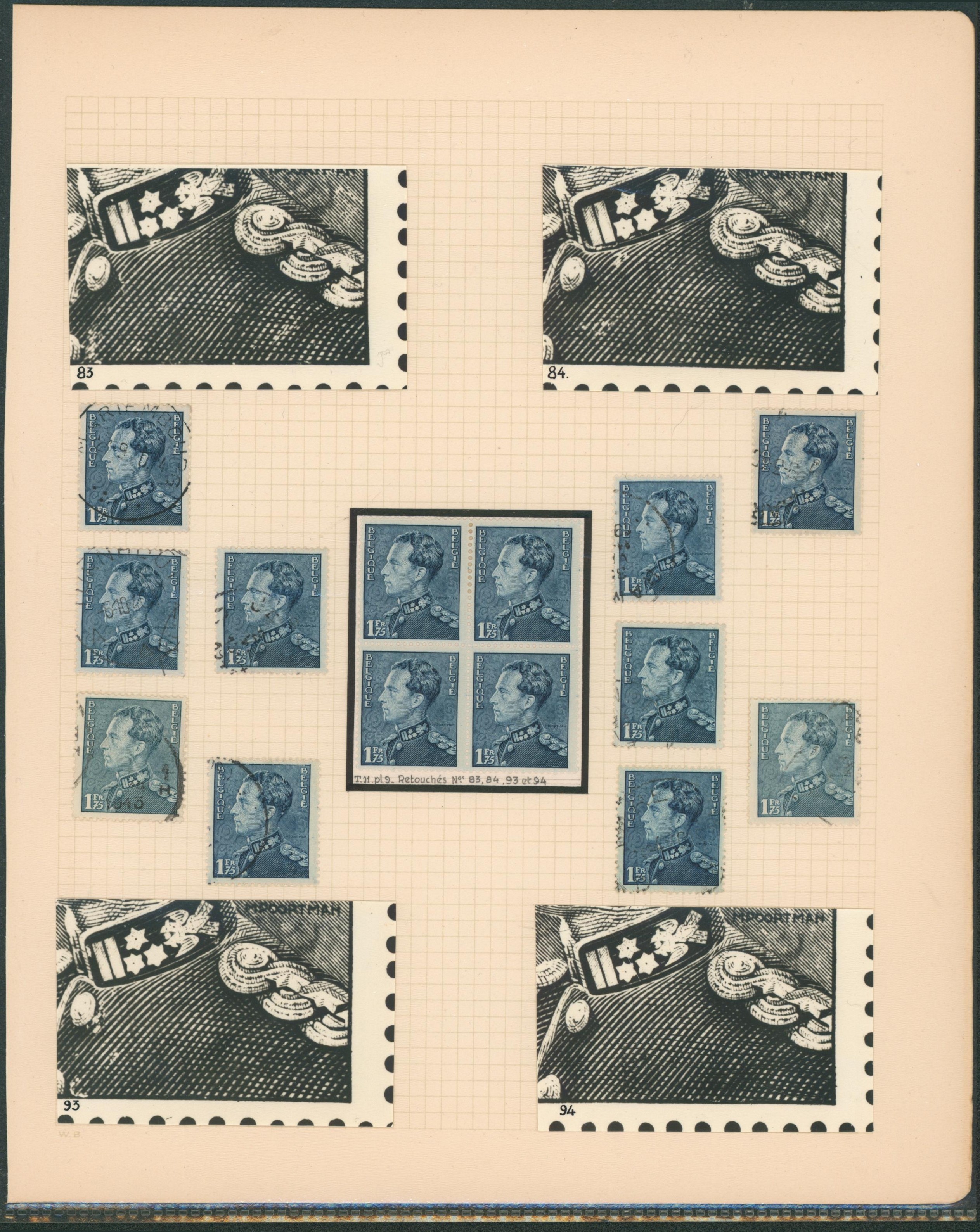 Page d'étude - Poortman n°430. Tirage 11 (Pl 9) bloc de 4 + étude des retouche (planchée !) sur timbre oblitéré. 