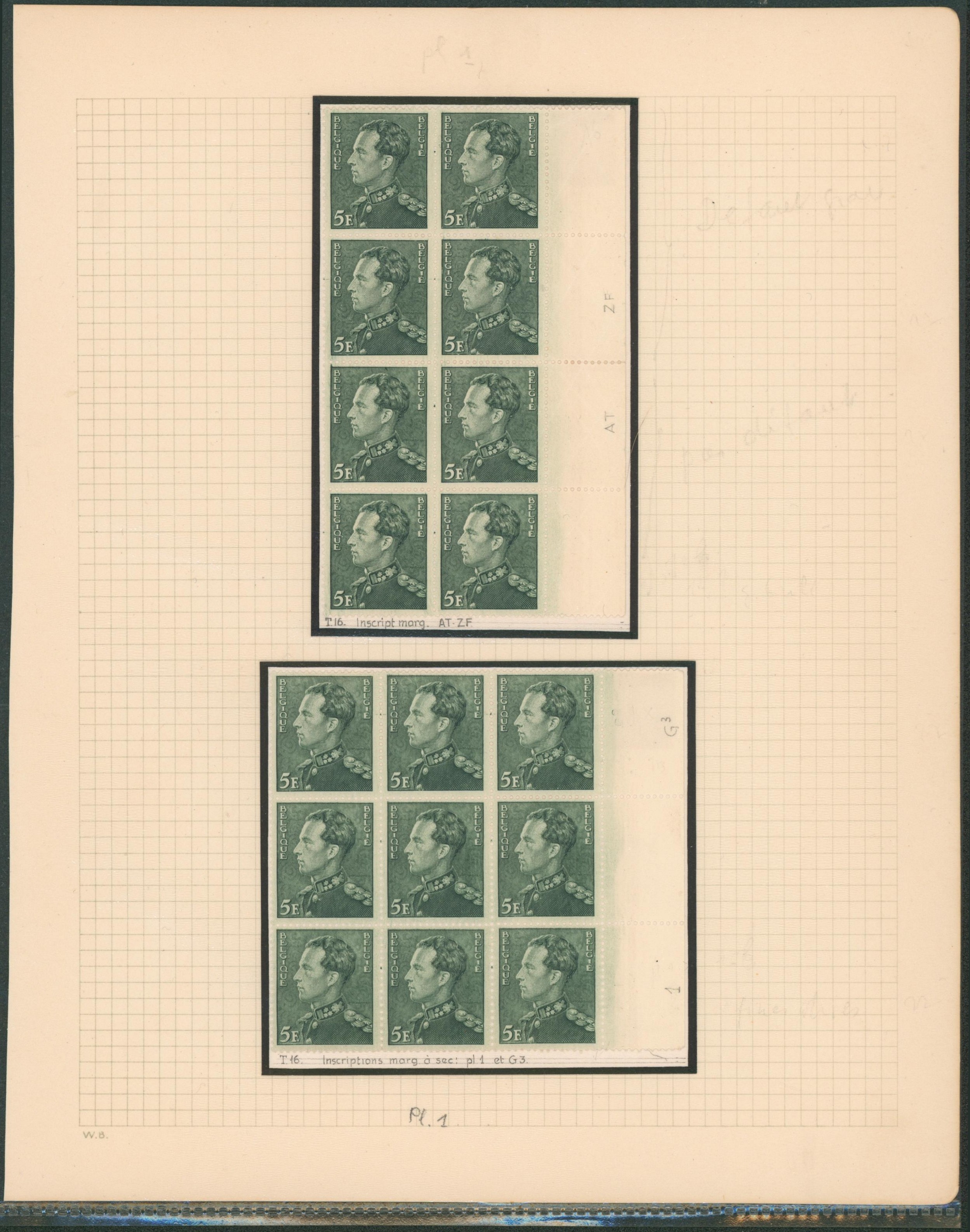 Page d'étude - Poortman n°433 en bloc de 8 (7** et 1*) tirage 16, inscription à sec AT - ZF + Bloc de 9 (8** et 1*) Tirage 16, inscription à sec pl 1 et G3