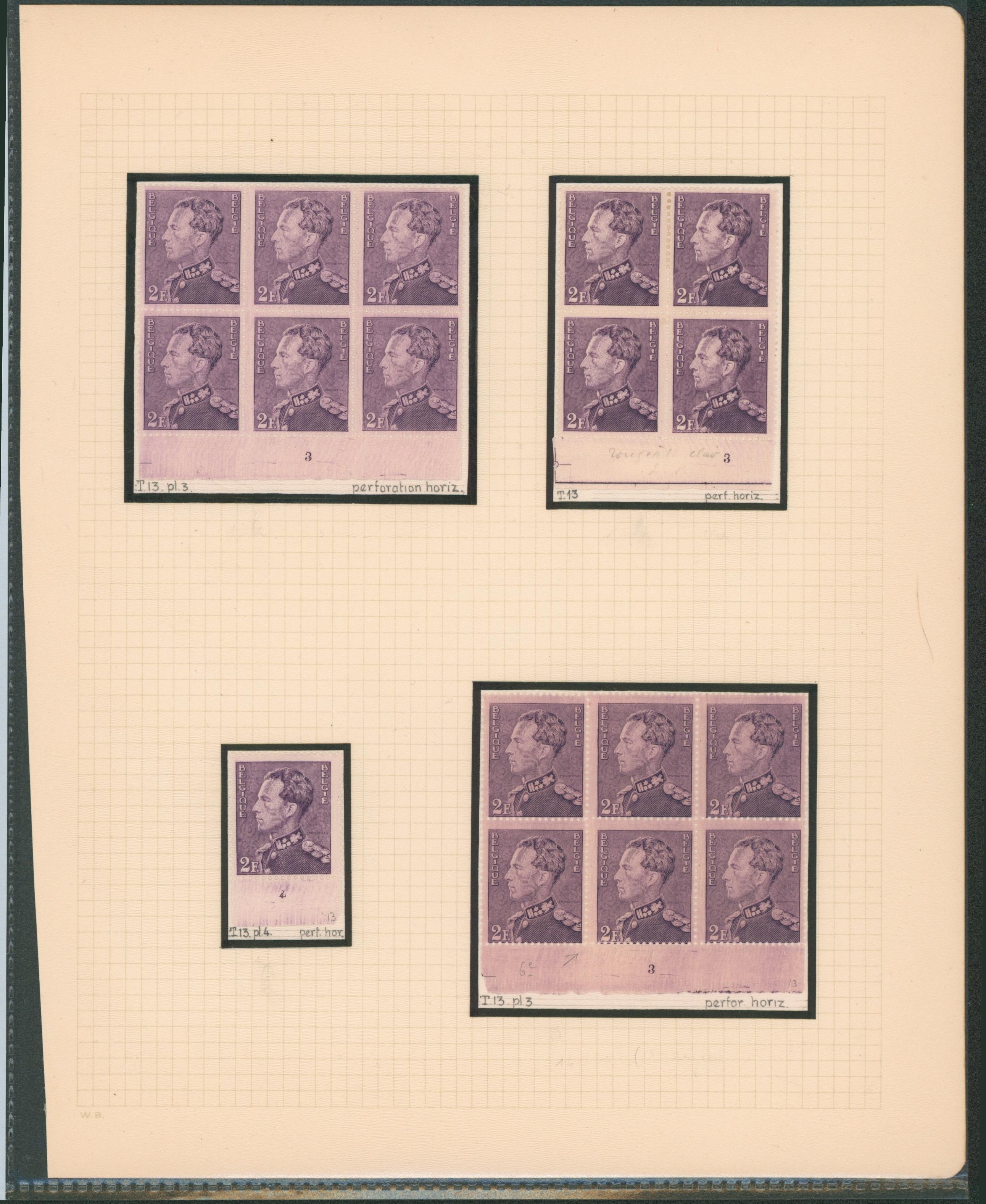 Page d'étude - Poortman n°431 x4 dont blocs, tirage 13 + numéro de planche (3 et 4). Perforation