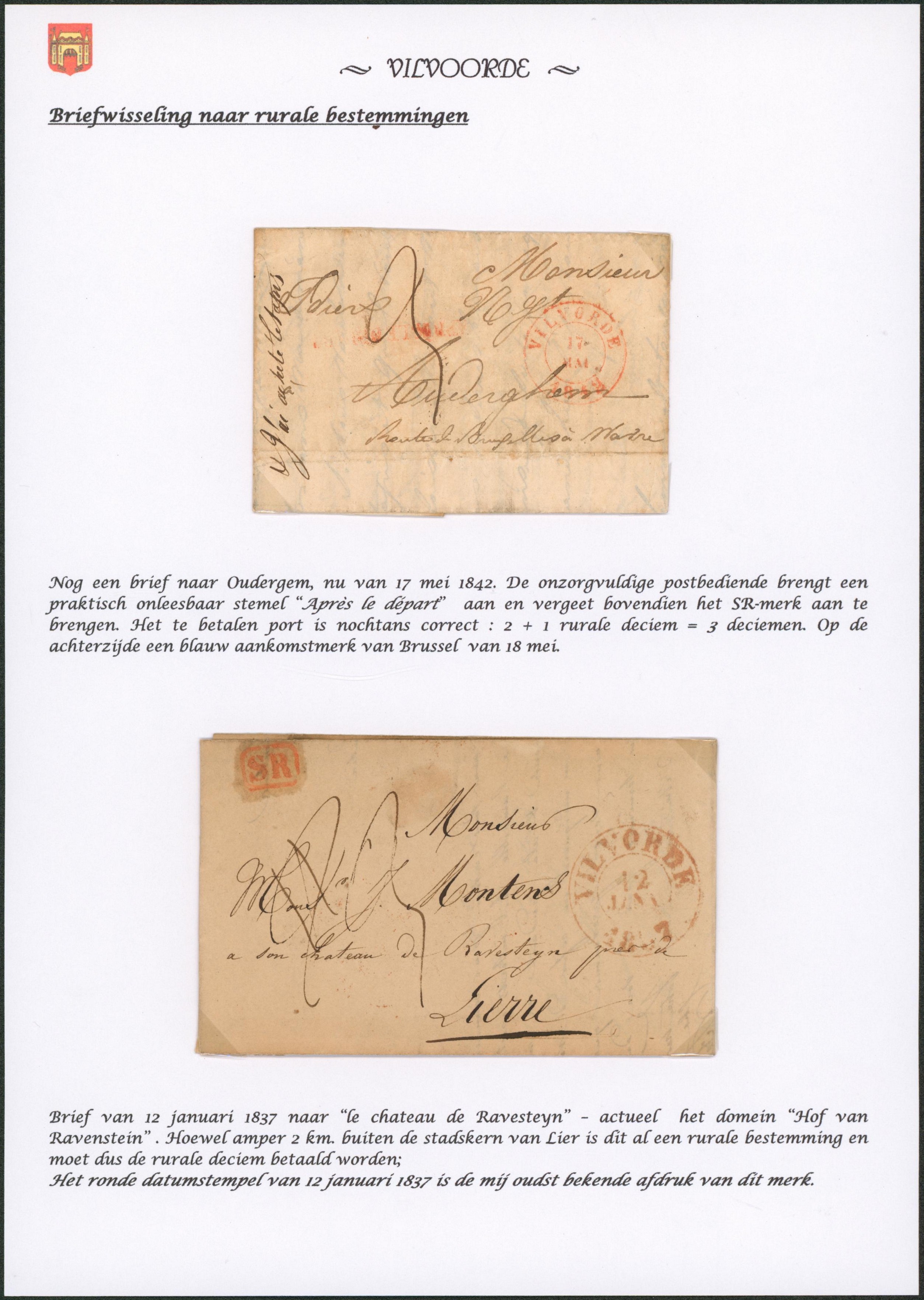 Page de collection - ensemble de 2 LAC + cachet dateur Vilvorde (1837 et 1842) port 3 décimes dont un port rectifié ! > Auderghem et Lierre. 