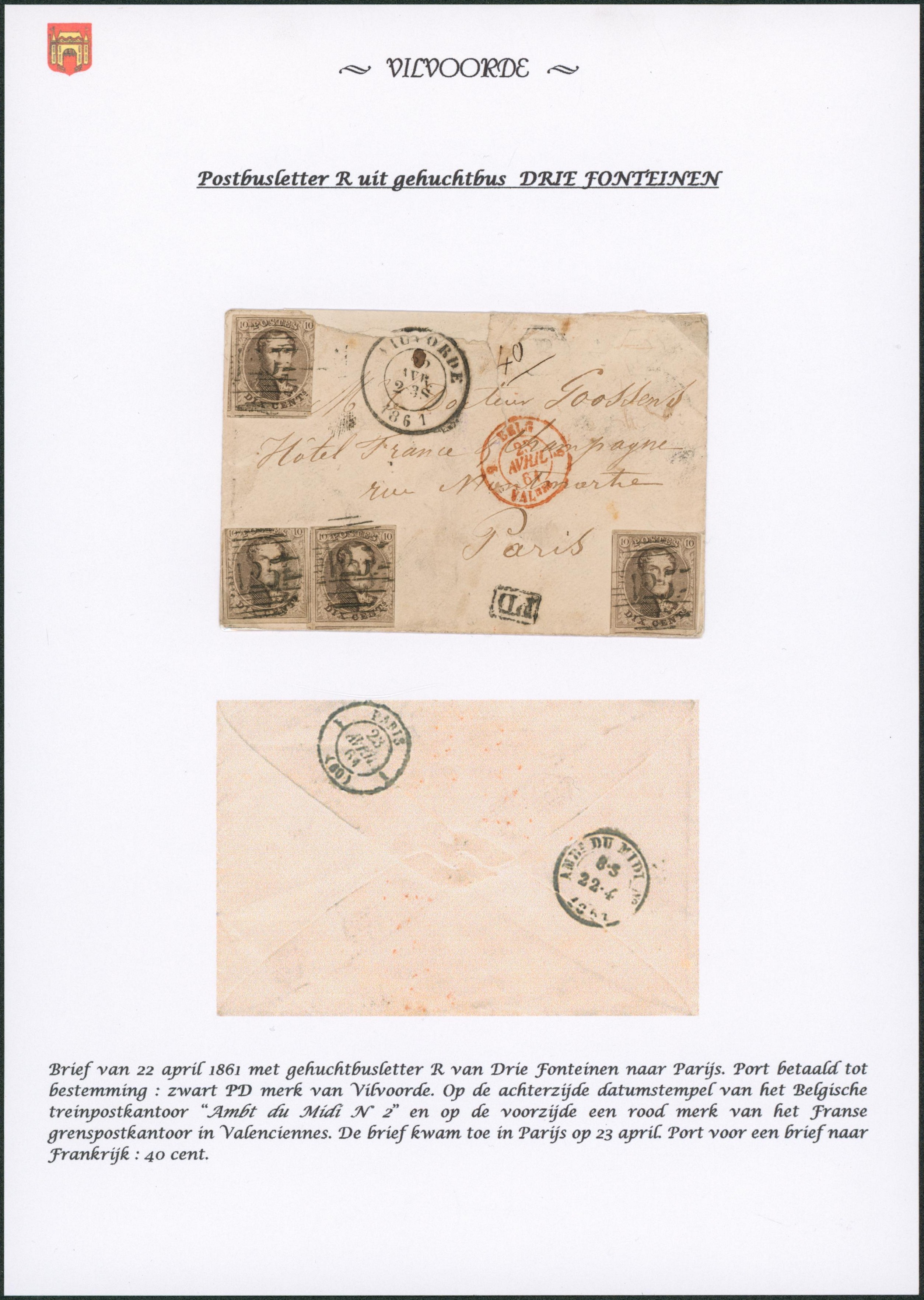 Page de collection - n°10 x4 sur enveloppe (état !) obl P125 çàd Vilvorde + boite hexagonale "R" (Drie fonteinen)4 via Valenciennes > Paris + Passage "Ambt du midi n°2""