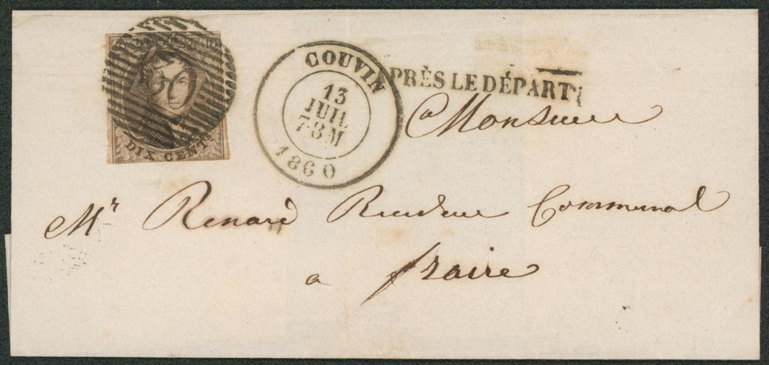 n°10A au filet obl P30 çàd Couvin (Luxe !) + griffe après le départ > Fraire. 