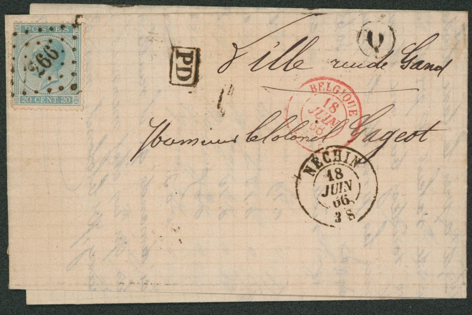 n°18 sur LAC obl Pt 266 (Luxe) çàd Néchin + boite rurale "Q" (Warcoing) > Lille  + Passage "France par Tournay""