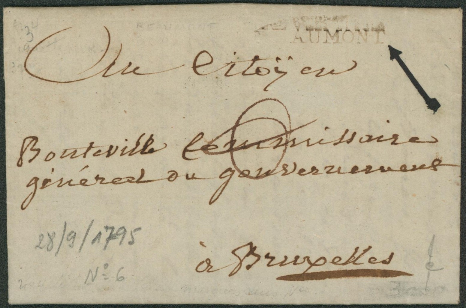 LAC illustrée datée de Beaumont (1795) + obl linéaire BEAUMONT, port manuscrit > Bruxelles (Bouteville). 