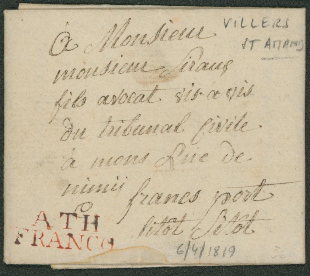 LAC datée de Villers-St-Amand (1819) + obl linéaire ATH / FRANCO , franc de port et sitot sitot > Mons 