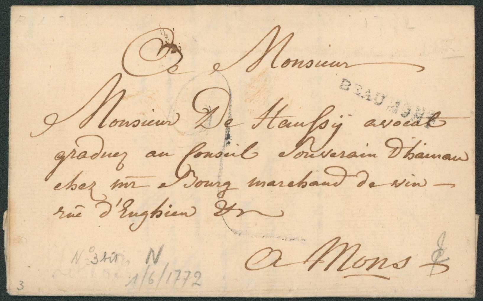 LAC datée de Beaumont (1772) + obl linéaire BEAUMONT, port "2" > Mons "