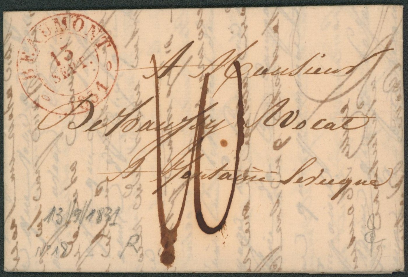 LAC + cachet dateur à Perles "Beaumont" (T13, 1831), port 10 cents > Fontaine-l'évêques. "