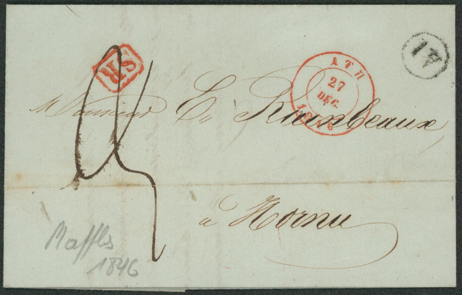 LAC datée de Maffles çàd boite rurale double littera "AL" + cachet dateur "Ath", port 3 décimes > Hornu. "