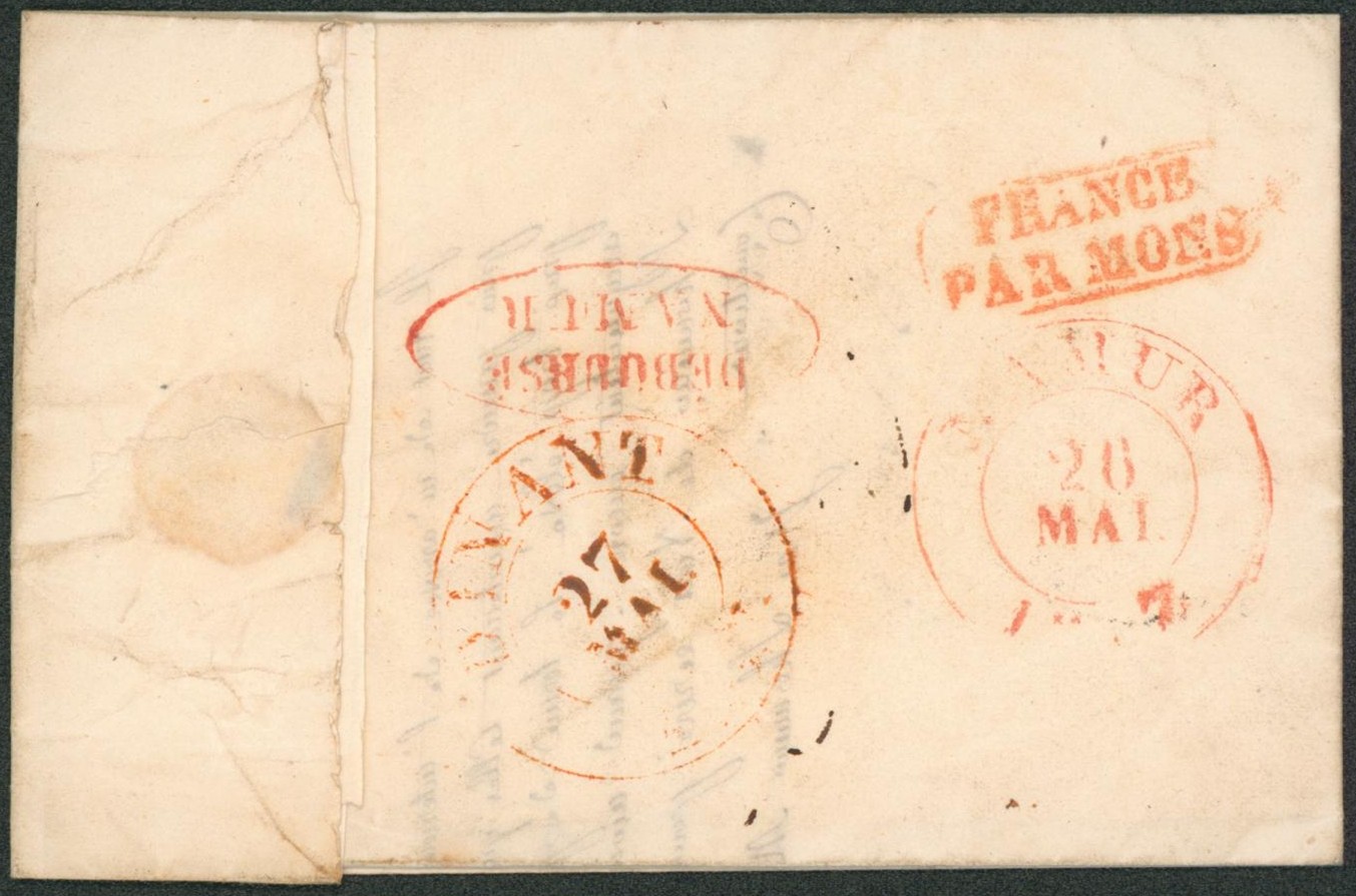 LAC en provenance de France çàd cachet dateur "Maubeuge", port "7" + marque de rayon I.R. > Dinant + cachet de Passage "France par Mons" & " Déboursé Namur""