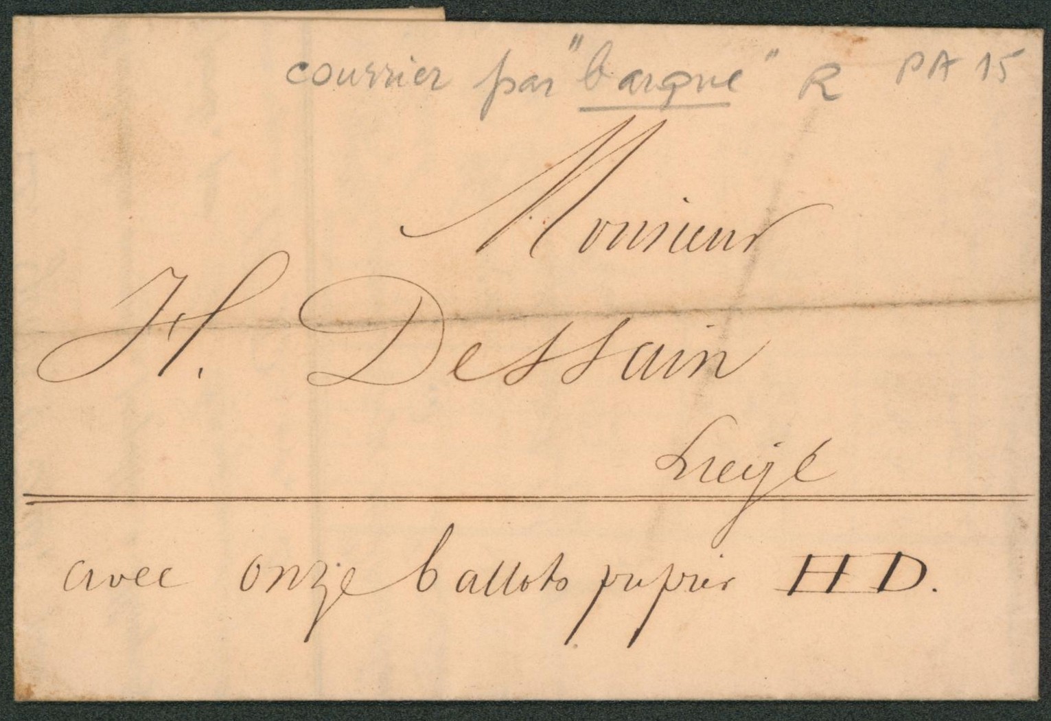 LAC datée de Huy (Papeterie J.L. Godin) expédié par barque marqué HD (11 ballots) > Liège 