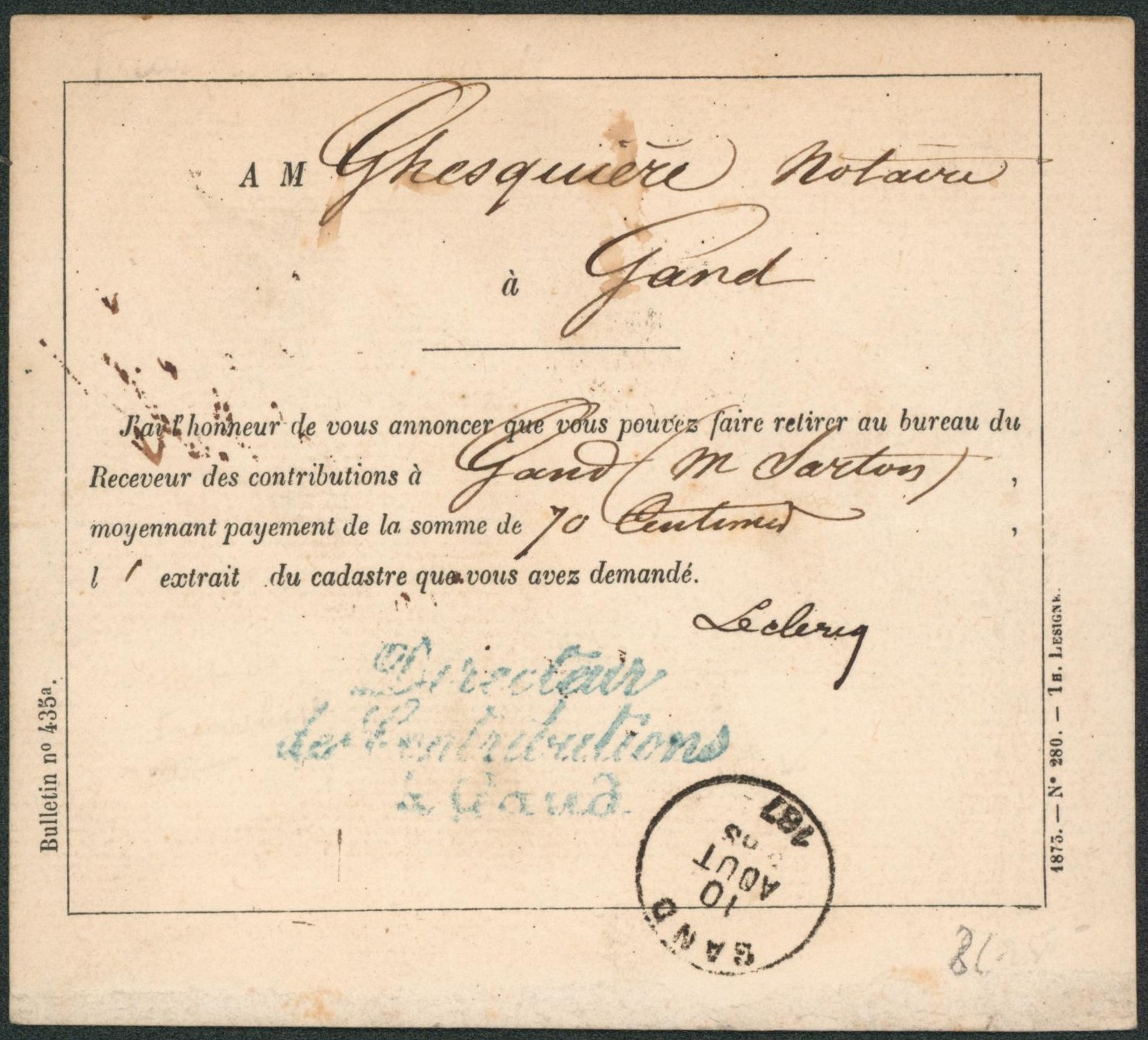 Bulletin n°435a - Bon pour retirer au bureau du receveur des contributions contre 70 centimes, extrait du cadastre (Gand). 