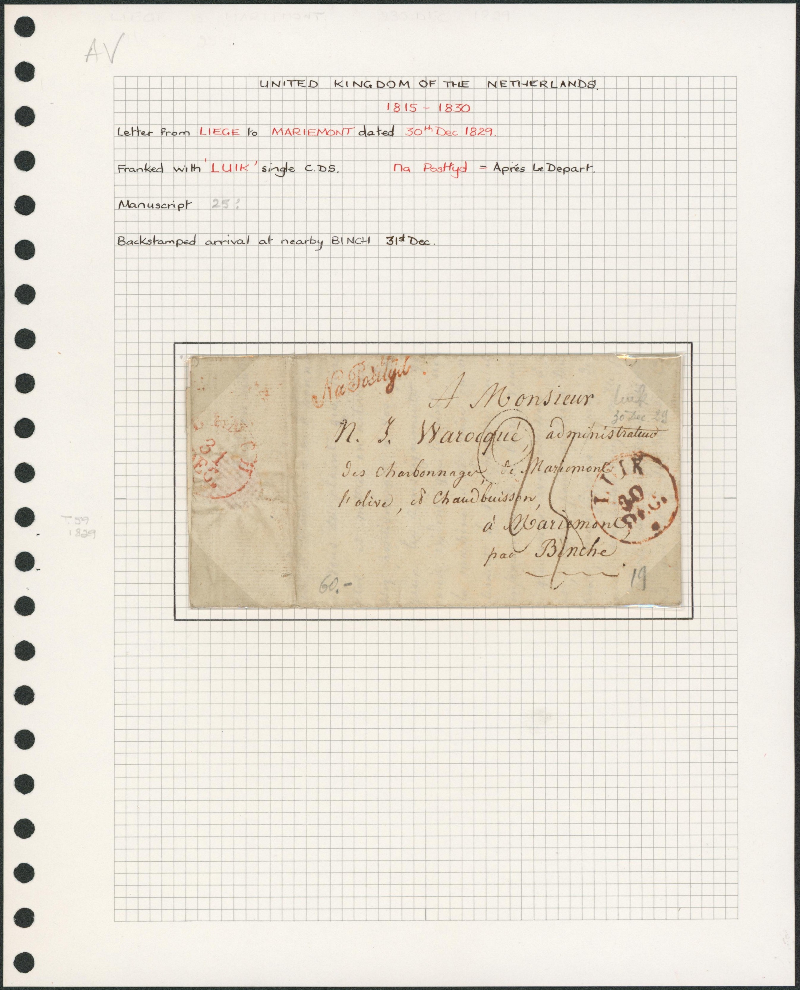 Page de collection - LAC + cachet dateur à Perles T11 "Luik", port 24 cents + griffe Na Postijd > mariemont + T11 Binch. "