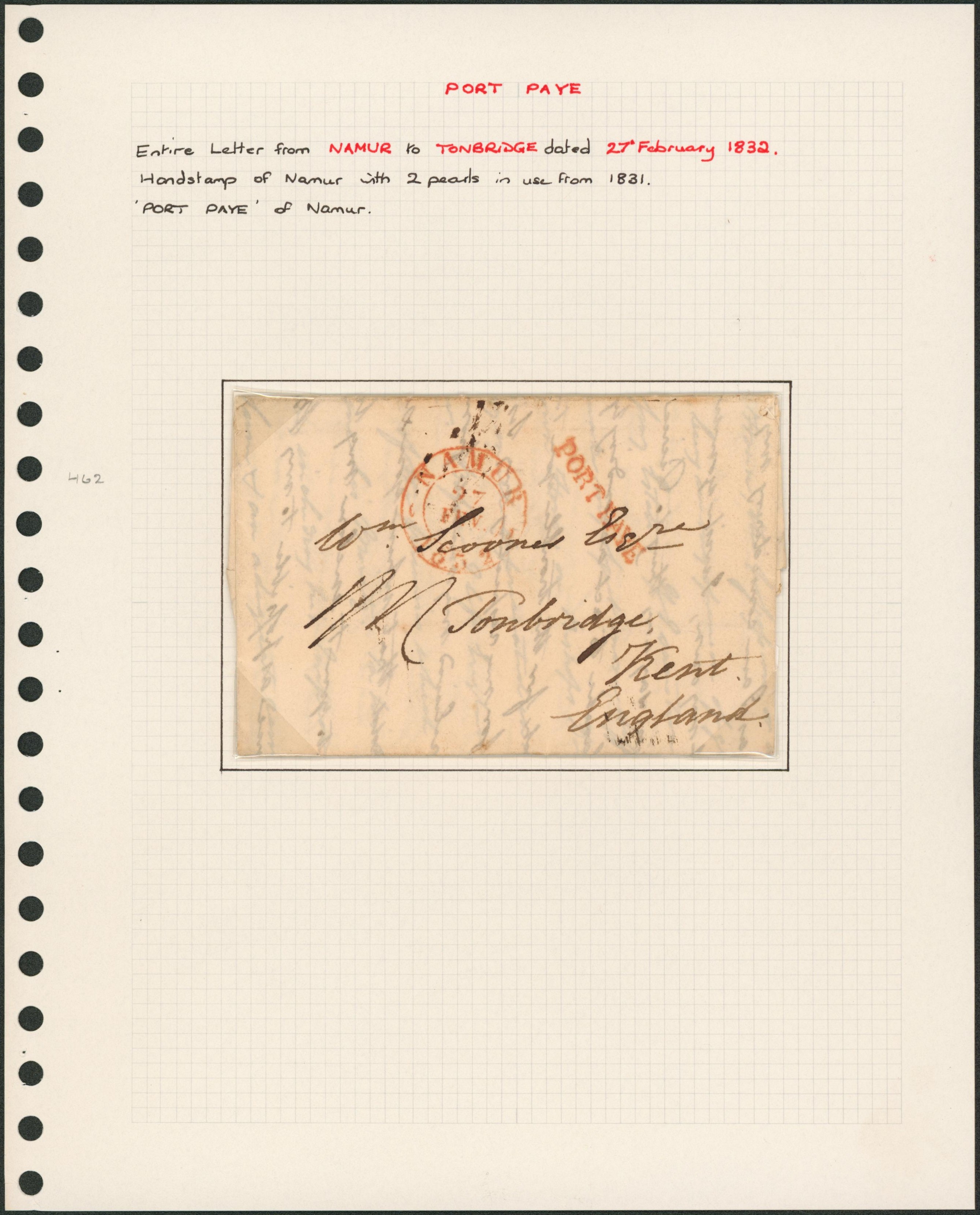 Page de collection - LAC + cachet dateur à Perles "Namur" (T13) + griffe PORT PAYE > Kent (England). "