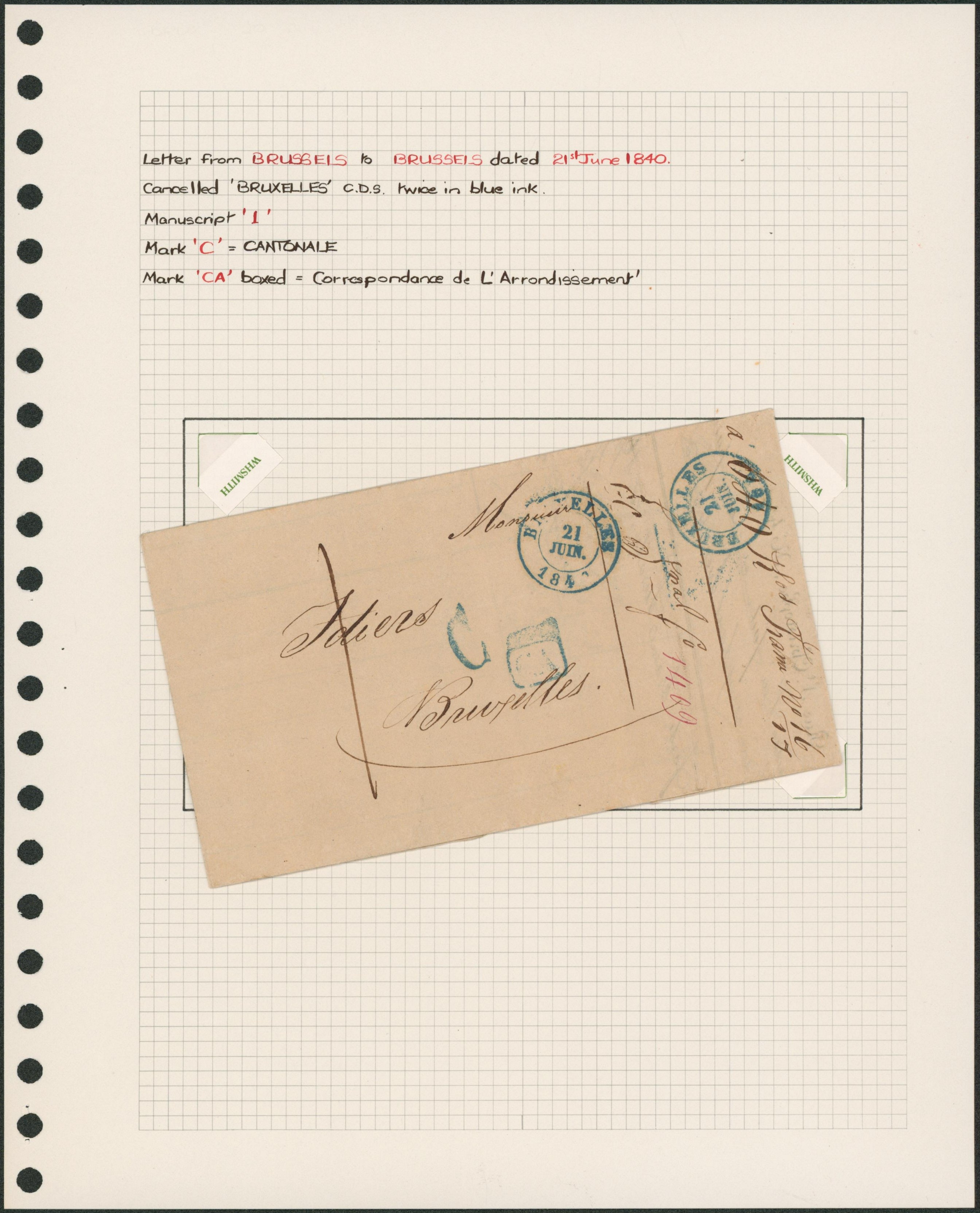 Page de collection - LAC + cachet dateur "Bruxelles", marque C (cantonal) + Taxe cantonale "CA", port I > Bruxelles. "