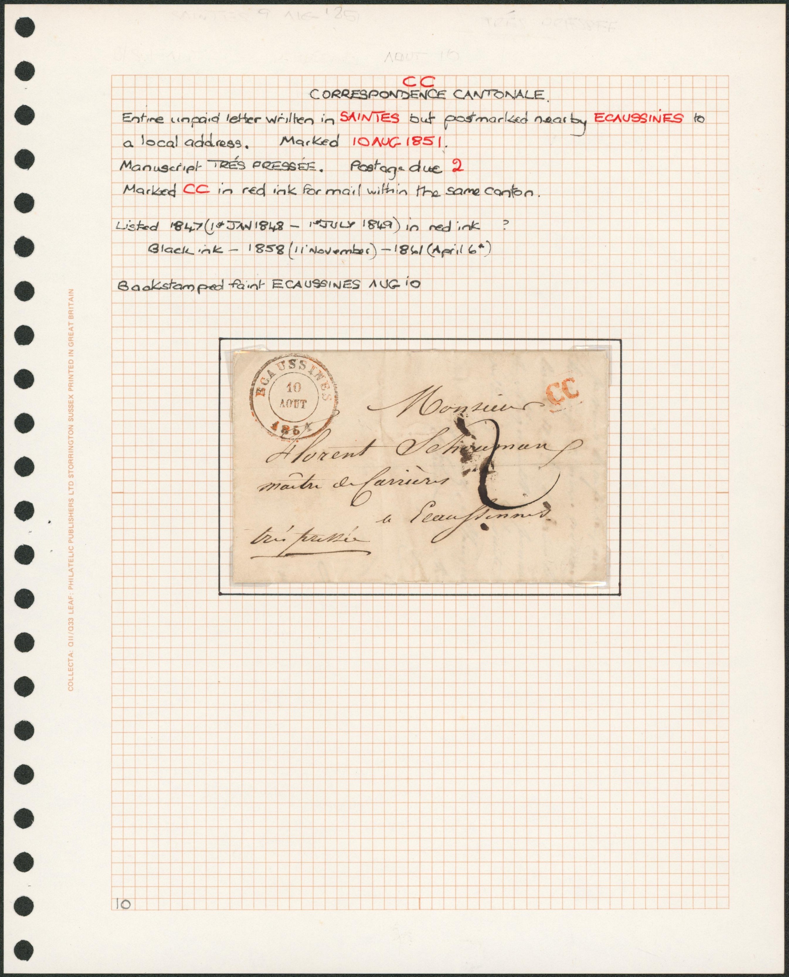 Page de collection - LAC non affranchie datée de Saintes (1851) + cachet dateur "écaussines", port 2 décimes + taxe cantonal CC > écaussines. Très pressé. "