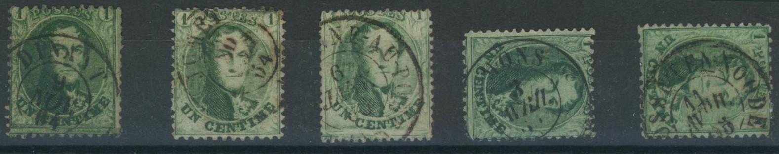 Médaillon dentelé - n°13 (dentelure non vérifiée) x5 obl double cercle çàd Dinant, Jumet, Marchienne au pont, Mons et St-Josse-Ten-Noode. 