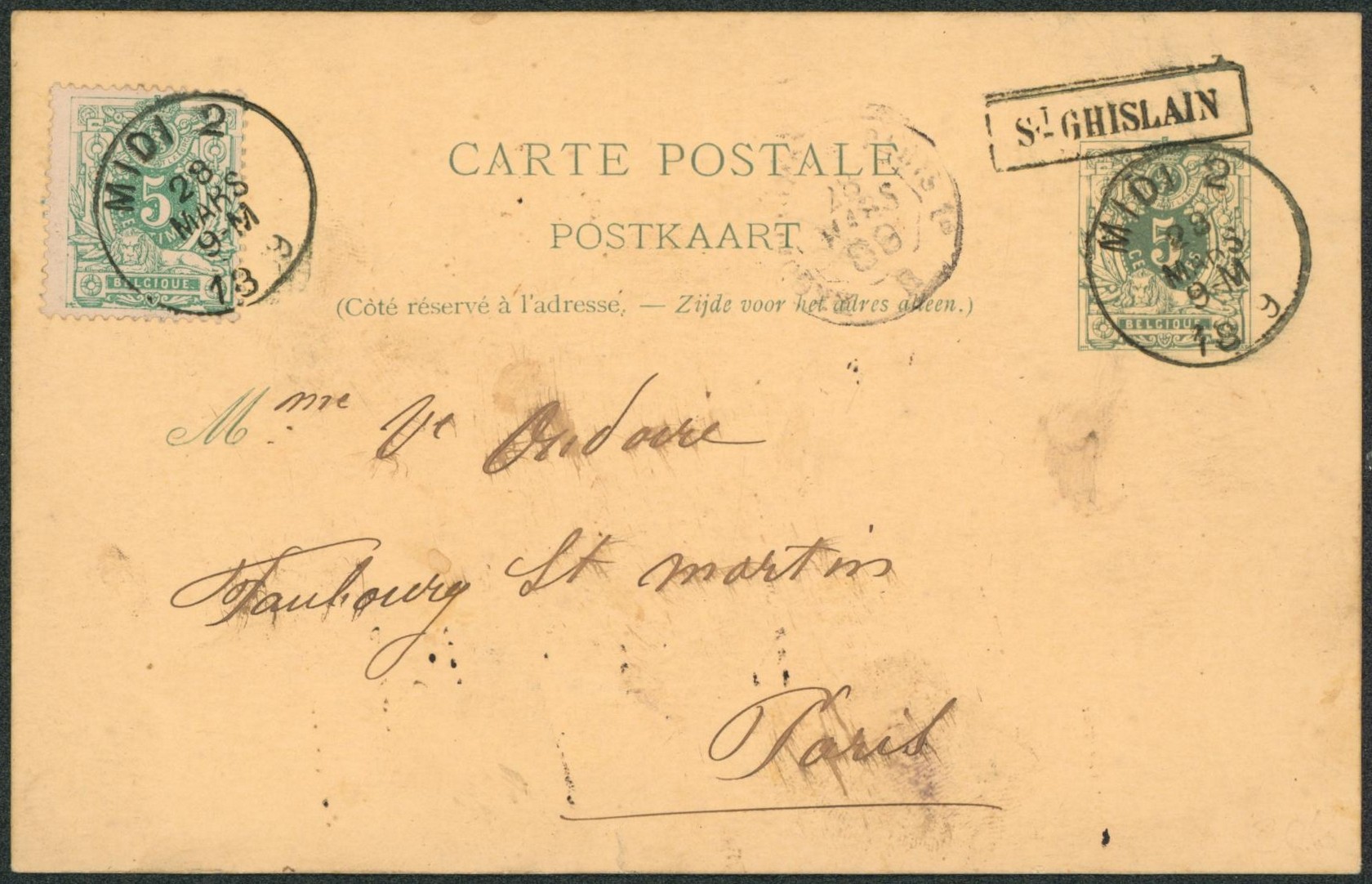 EP au type 5ctm vert + n°45 obl ambulant "Midi 2" + griffe encadrée ST-GHISLAIN > Paris. "