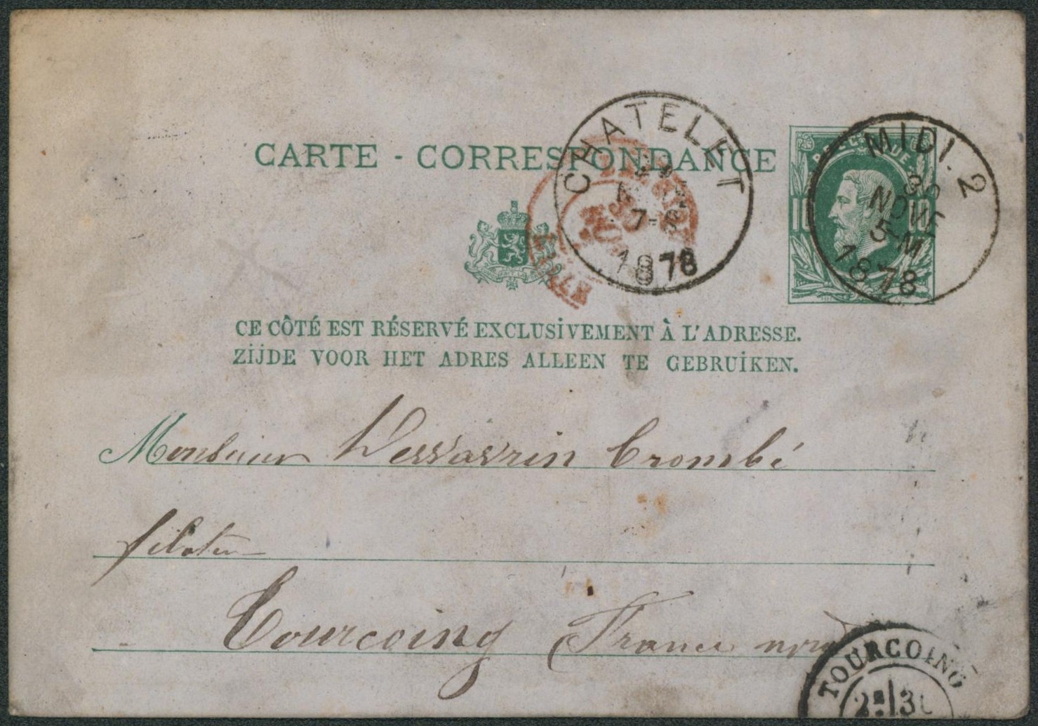 EP au type 10ctm vert obl ambulant "Midi 2" via chatelet > Tourcoing"