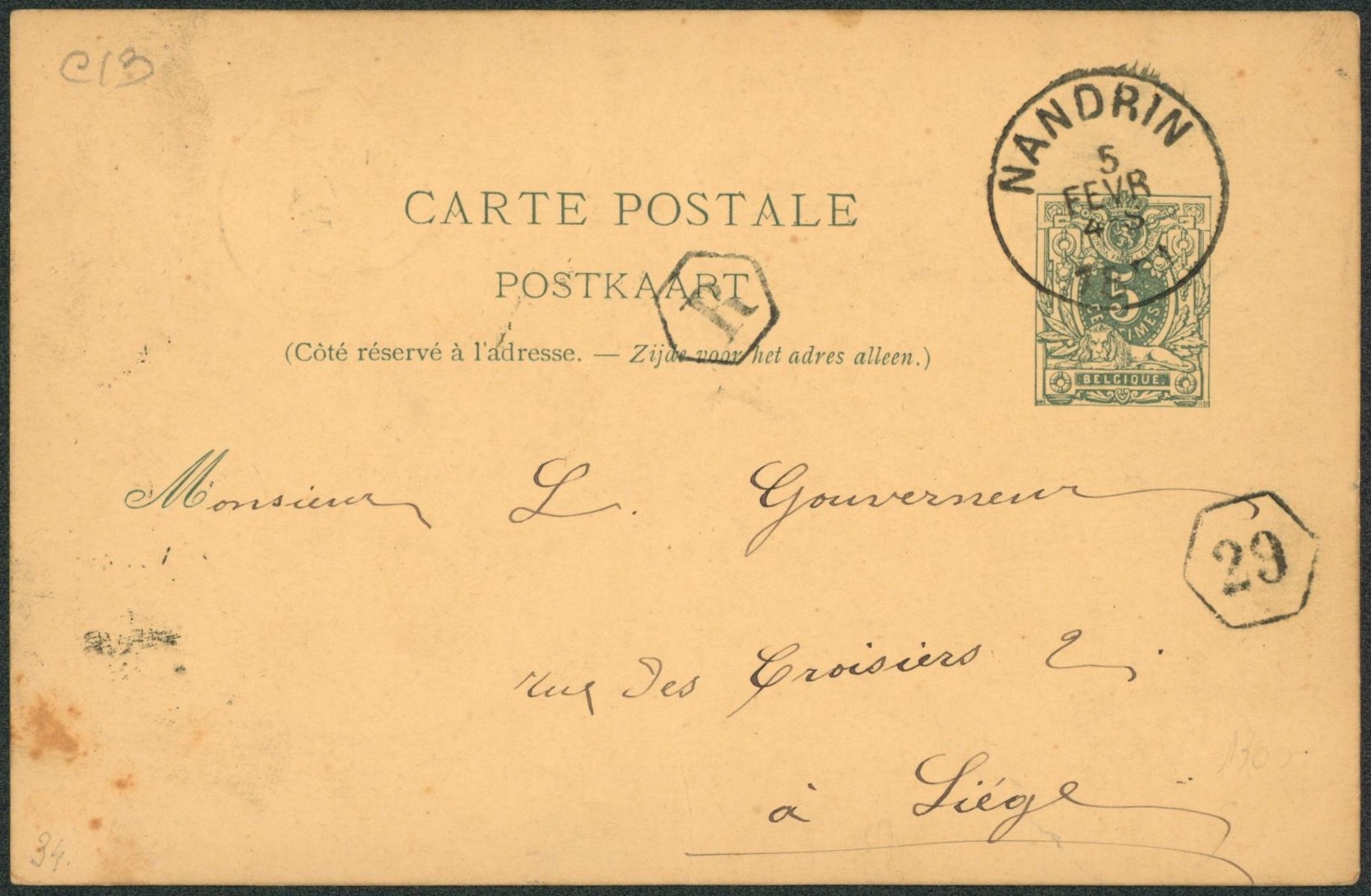 EP au type 5ctm vert obl simple cercle "Nandrin" + boite hexagonal "R" (Soheit-Tinlot) > liège "