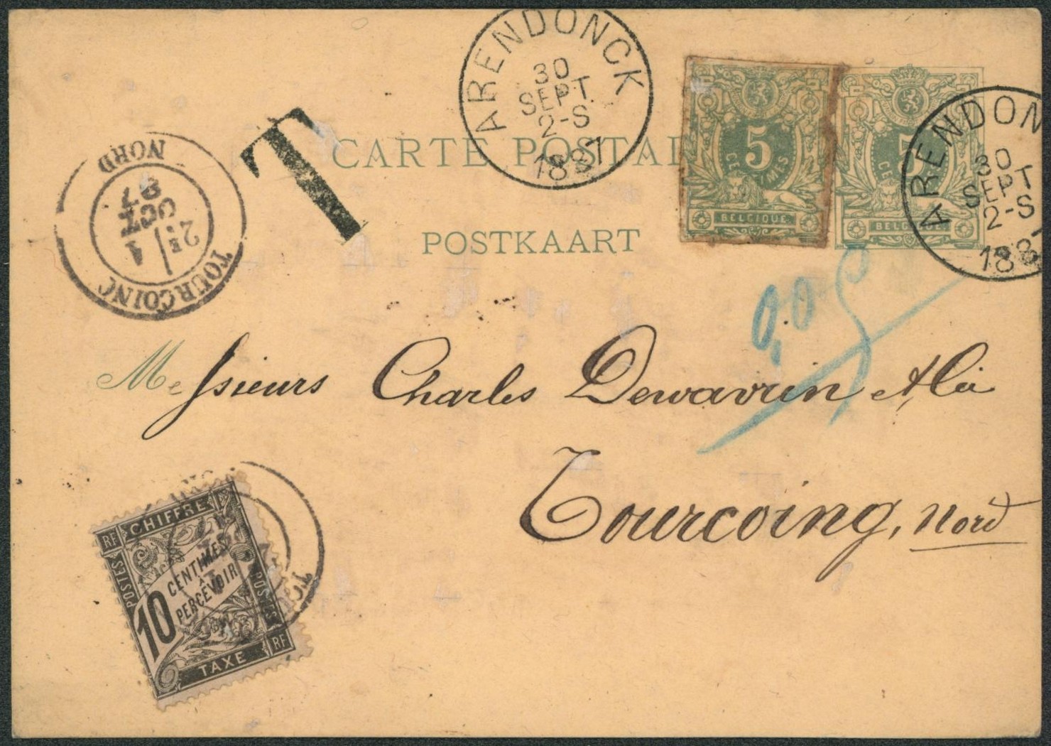 EP au type 5ctm vert + découpe d'entier (non admis) obl simple cercle "Arendonck" > Tourcoing, taxé à 10ctm. "