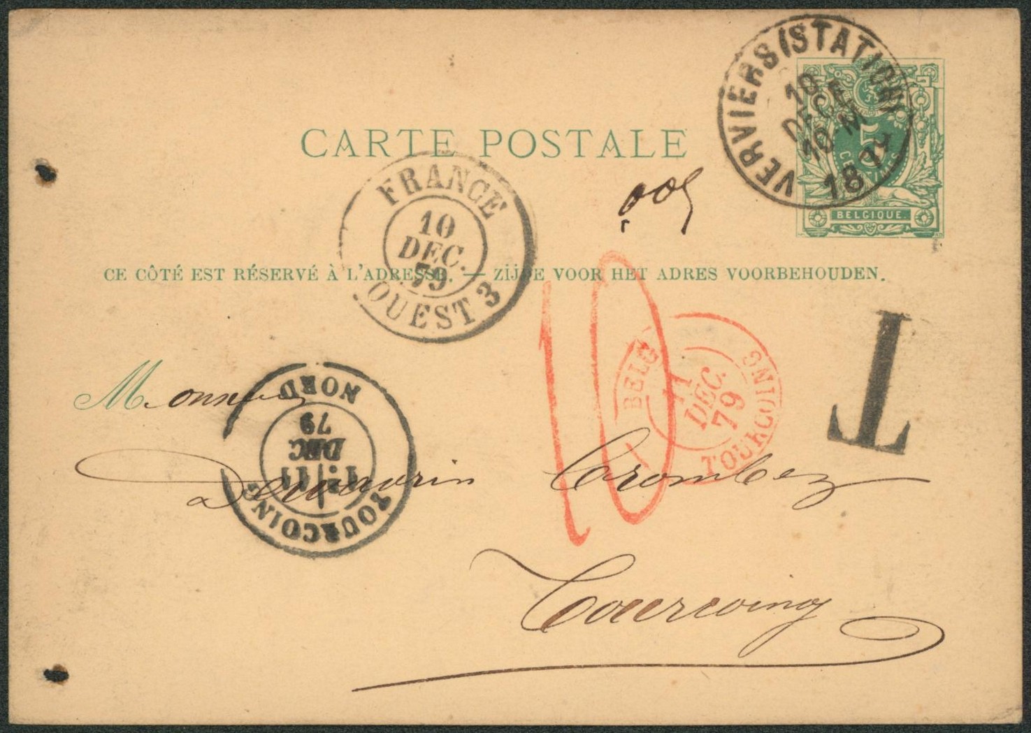 EP au type 5ctm vert obl simple cercle "Verviers" + passage "France / Ouest 3" > Tourcoing + T en noir / Taxe"