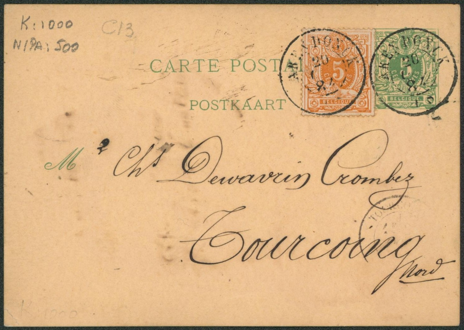 EP au type 5ctm vert + n°28 obl double cercle "Arendonck" > Tourcoing. TB "