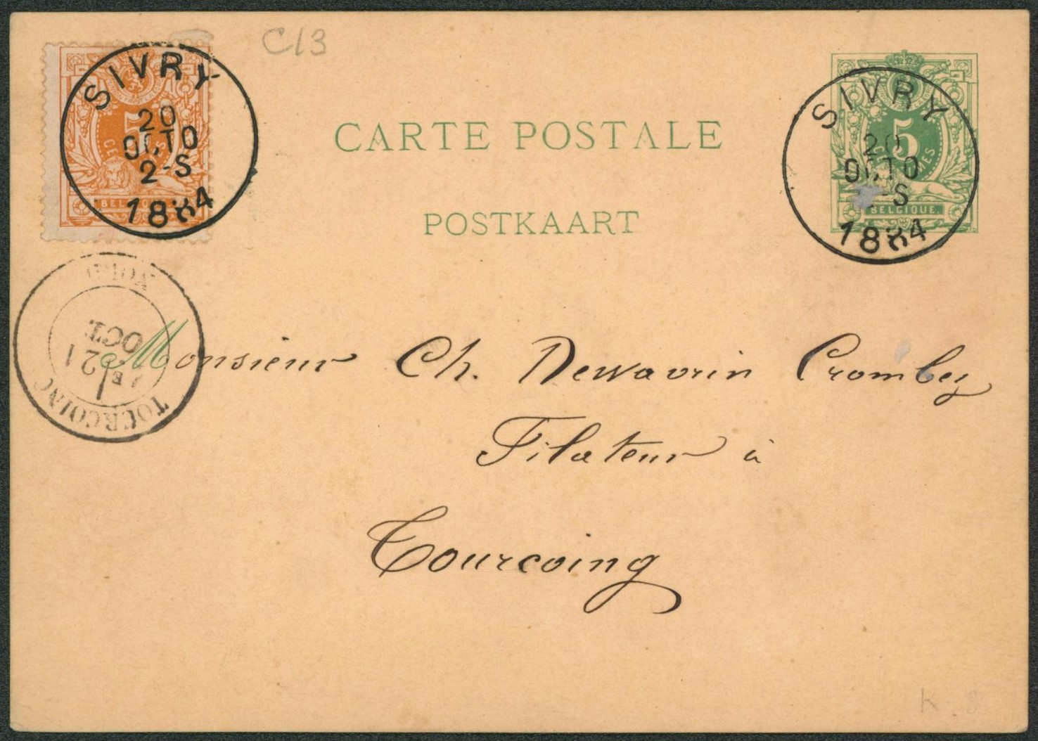 EP au type 5ctm vert + n°28 obl simple cercle "Sivry" > Tourcoing. TB "