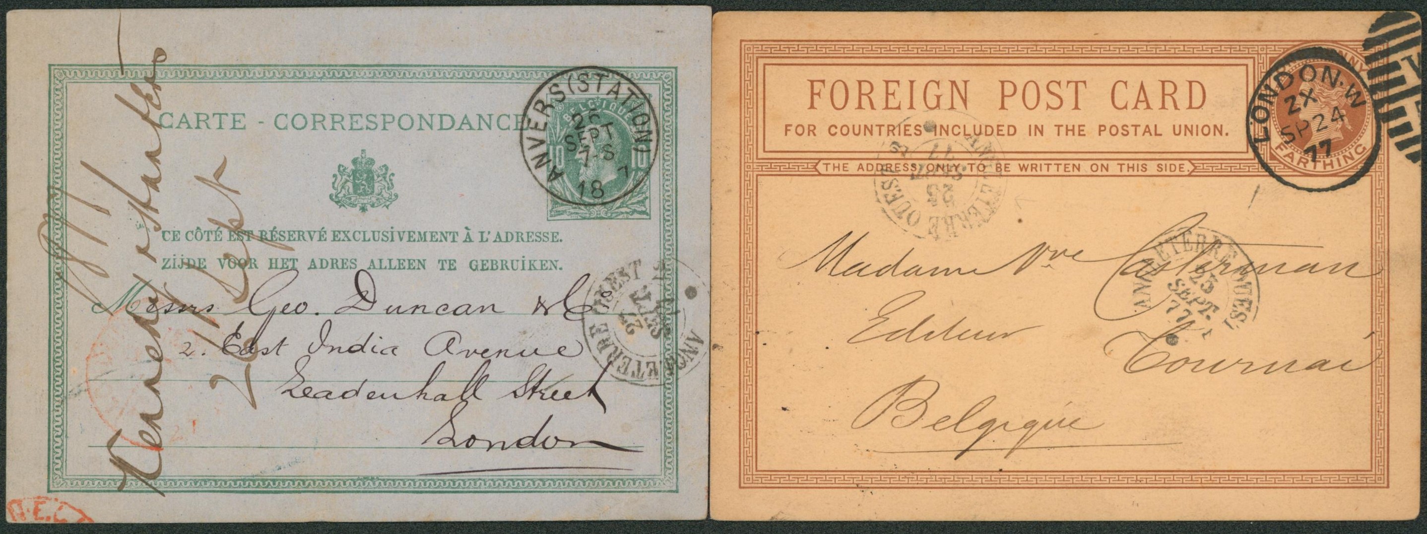 Lot de 2 entier (Belge / Anglais) + cachet de passage "Angleterre Par Ouest 2". Bel ensemble ! Ambulant"