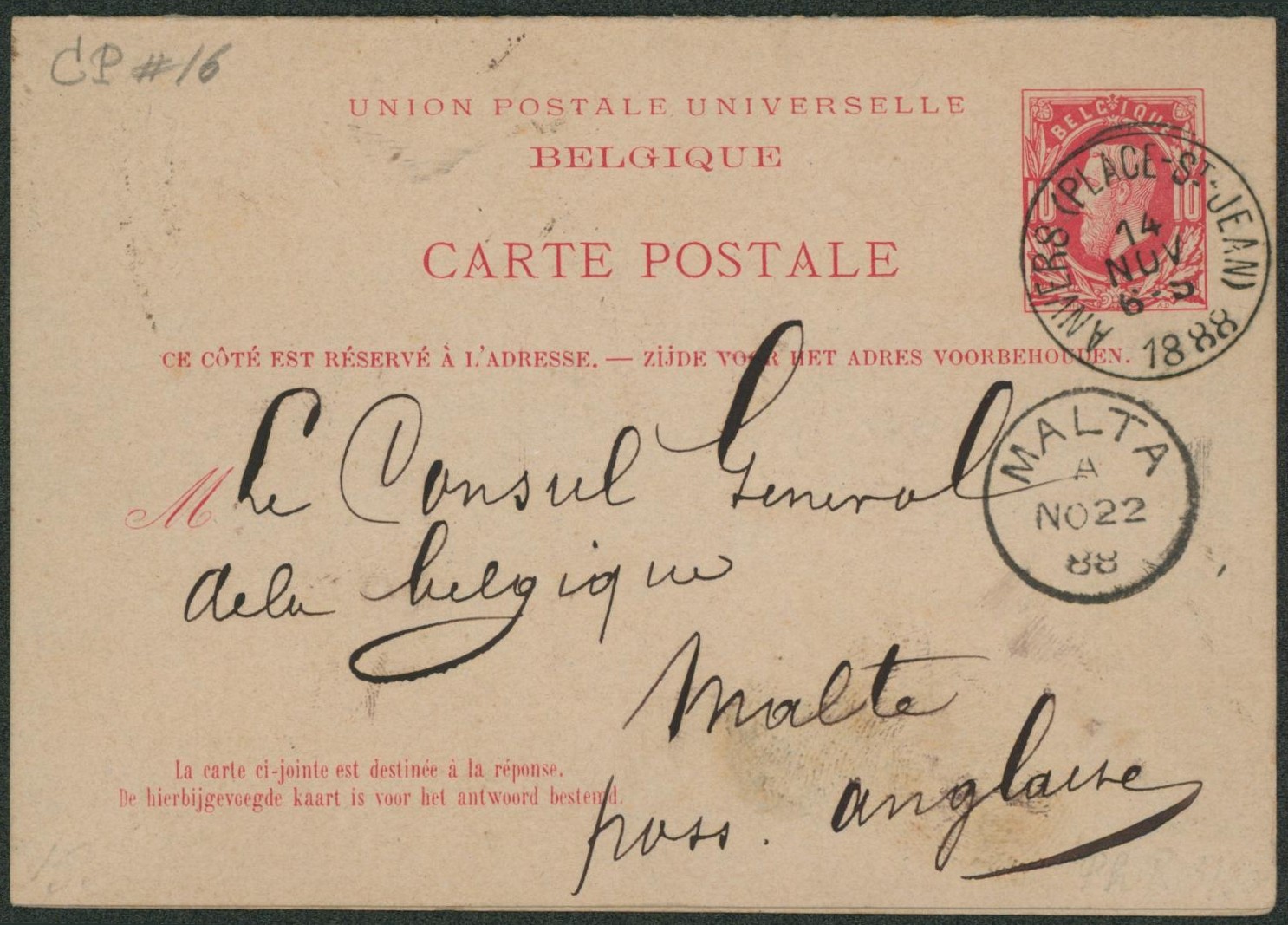 EP au type 10ctm rouge obl simple cercle "Anvers (Place-St-Jean)" > Malte (Col. Anglaise), consul général de Belgique + arrivée . Réponse neuve. "