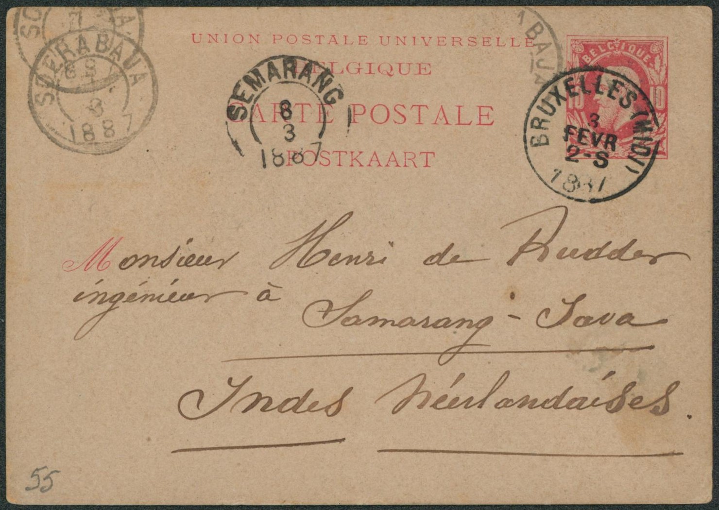 EP au type 10ctm rouge obl simple cercle "Bruxelles (Midi)" > Semarang via Soerabaja (Indes Néerlandaises) + arrivée "